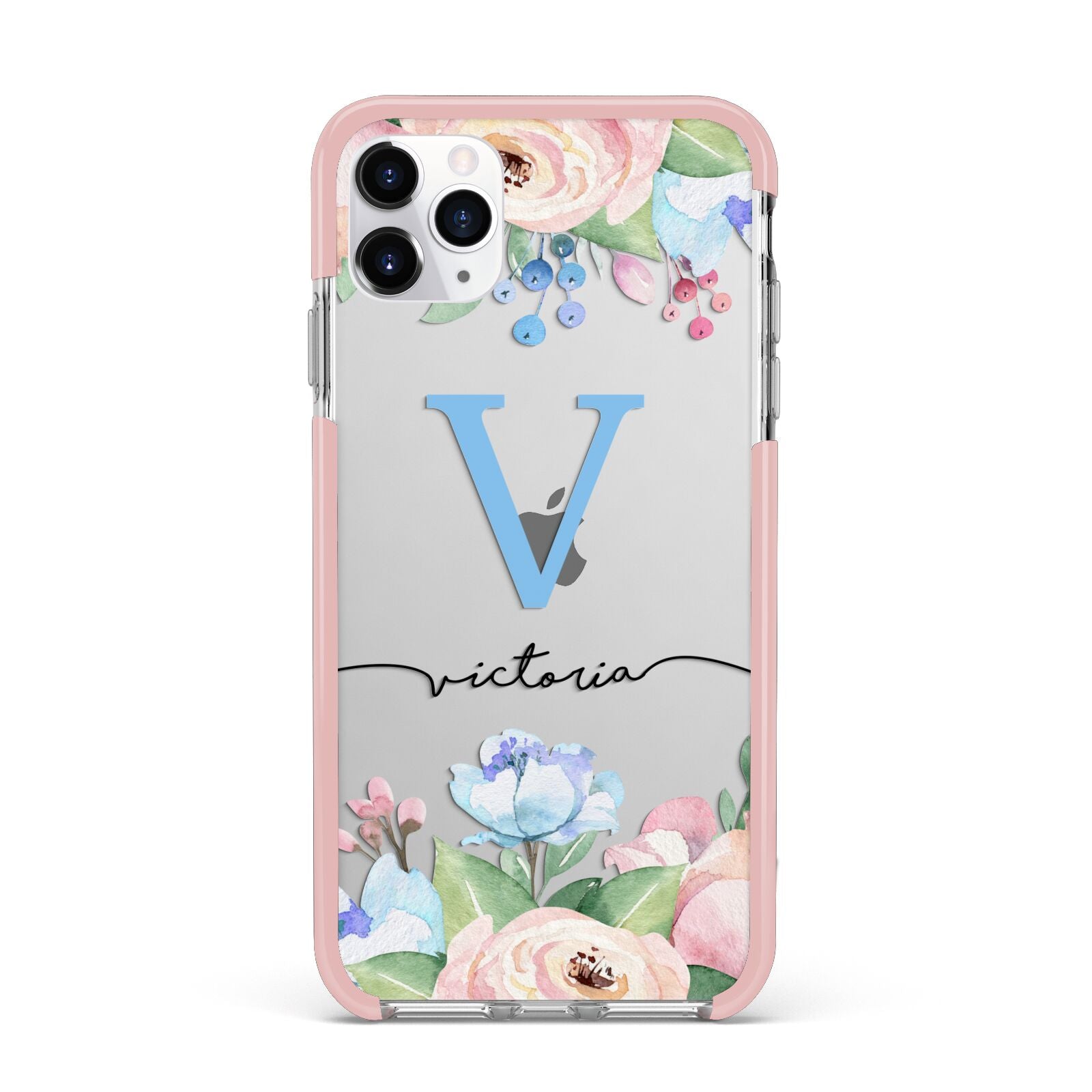 Personalised Pink Blue Flowers iPhone 11 Pro Max Impact Pink Edge Case