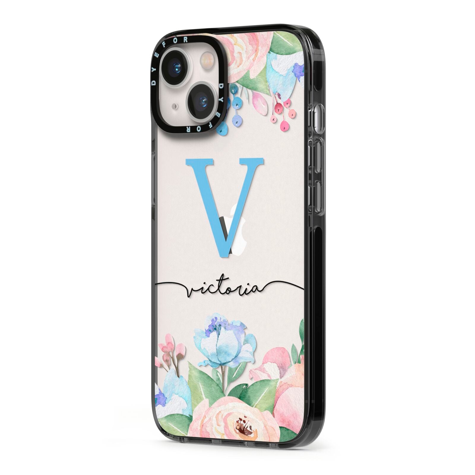 Personalised Pink Blue Flowers iPhone 13 Black Impact Case Side Angle on Silver phone