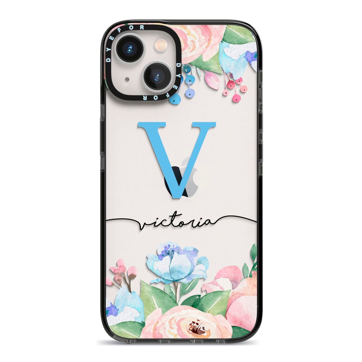 Personalised Pink Blue Flowers iPhone 13 Black Impact Case on Silver phone