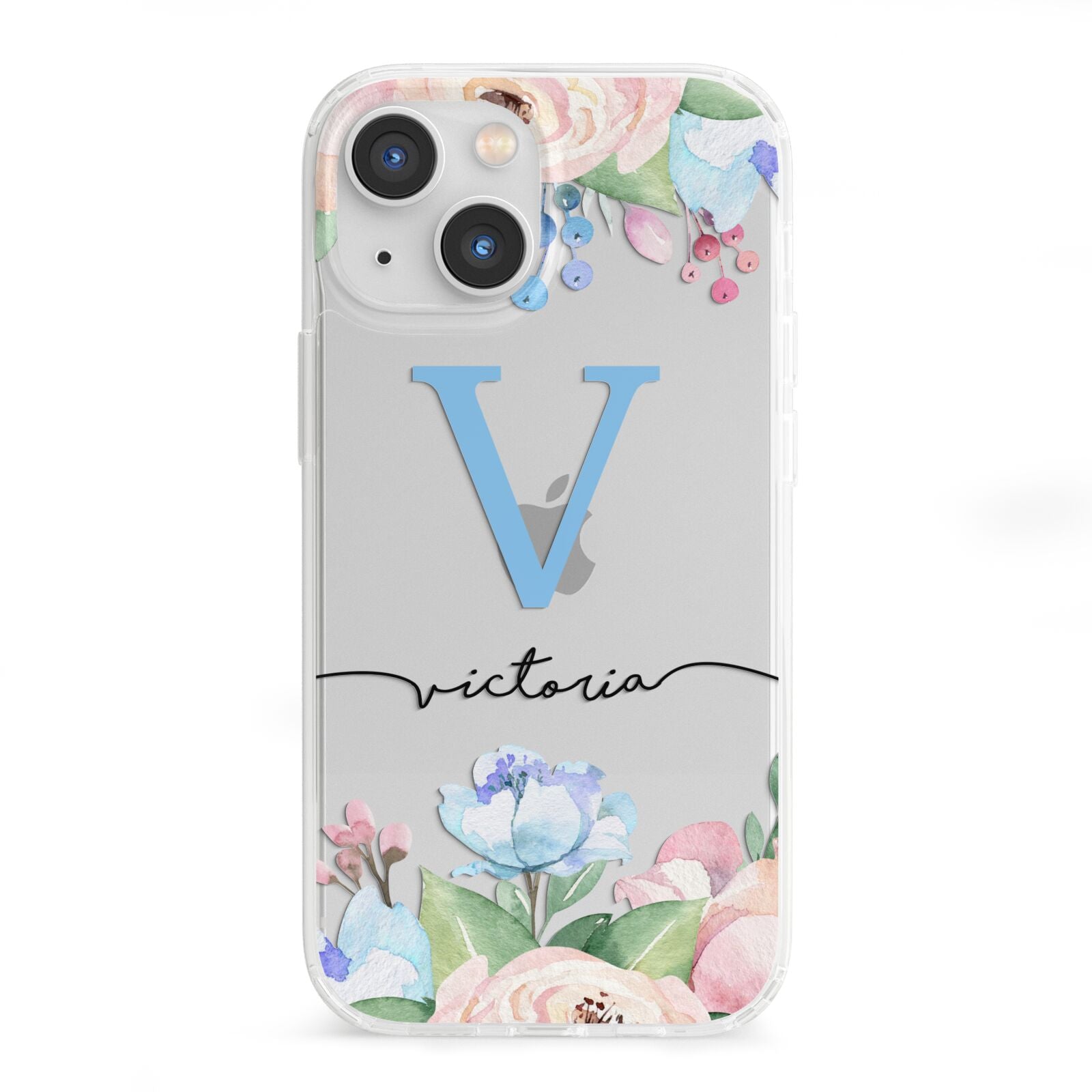 Personalised Pink Blue Flowers iPhone 13 Mini Clear Bumper Case