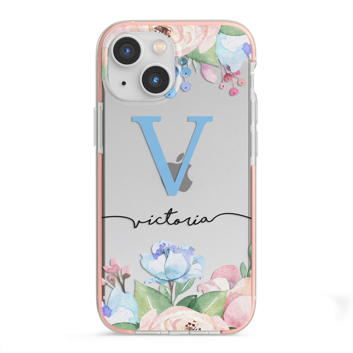 Personalised Pink Blue Flowers iPhone 13 Mini TPU Impact Case with Pink Edges