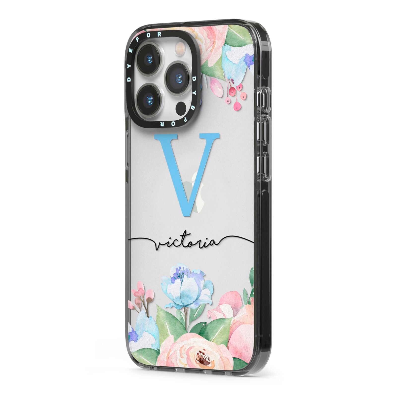 Personalised Pink Blue Flowers iPhone 13 Pro Black Impact Case Side Angle on Silver phone