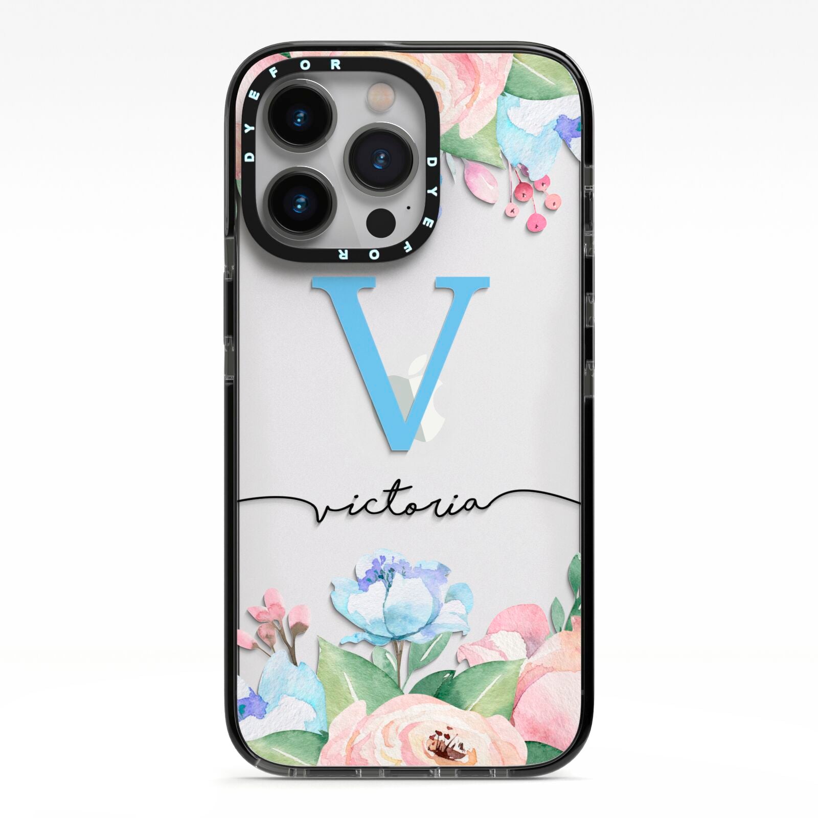 Personalised Pink Blue Flowers iPhone 13 Pro Black Impact Case on Silver phone