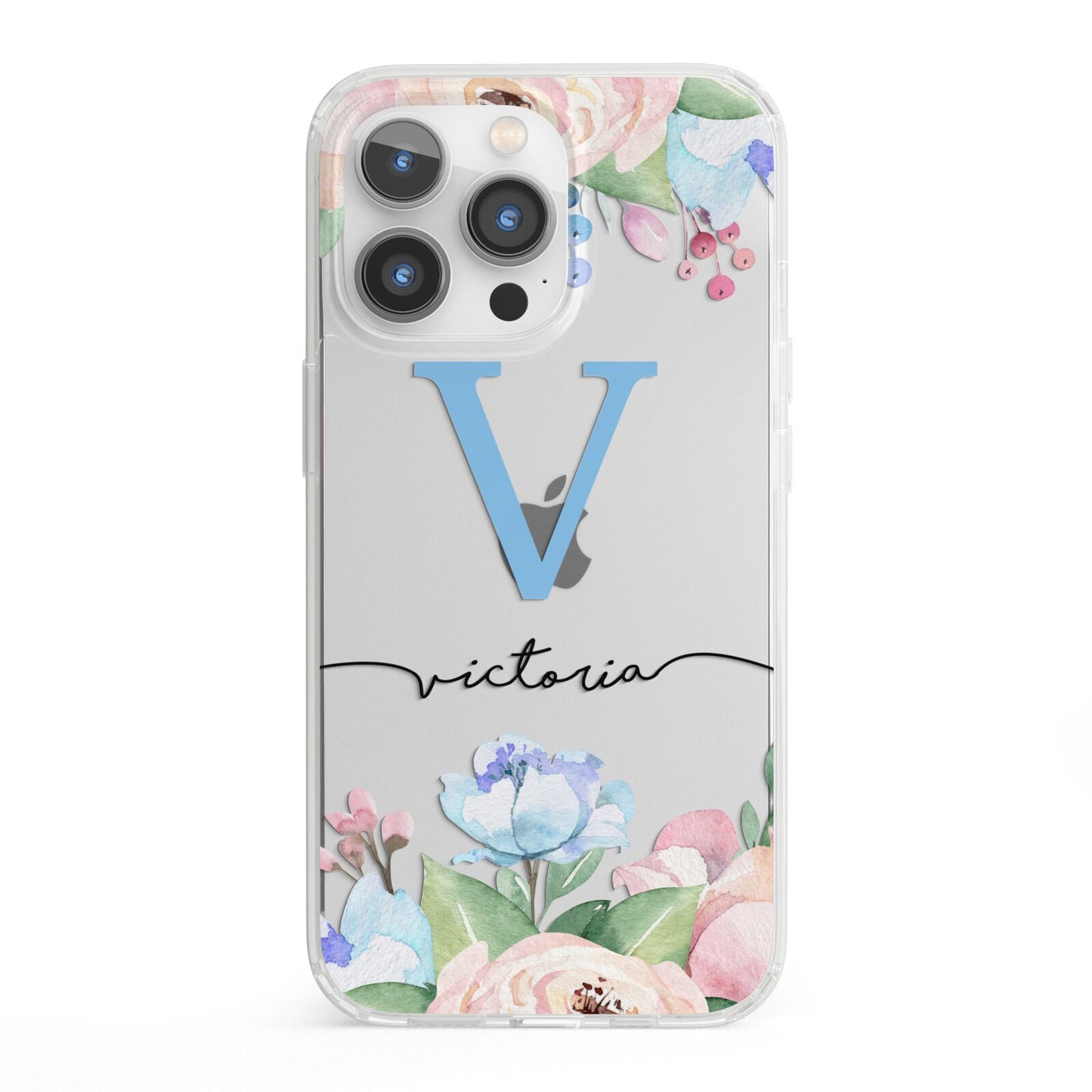 Personalised Pink Blue Flowers iPhone 13 Pro Clear Bumper Case
