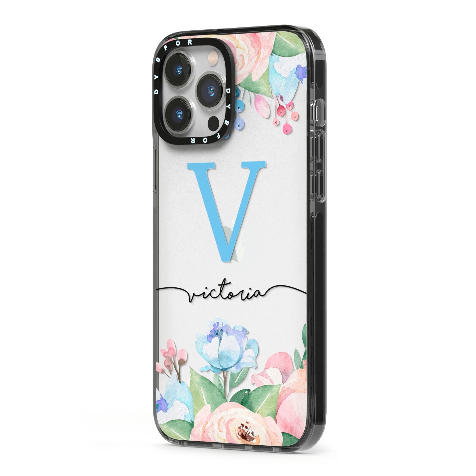 Personalised Pink Blue Flowers iPhone 13 Pro Max Black Impact Case Side Angle on Silver phone