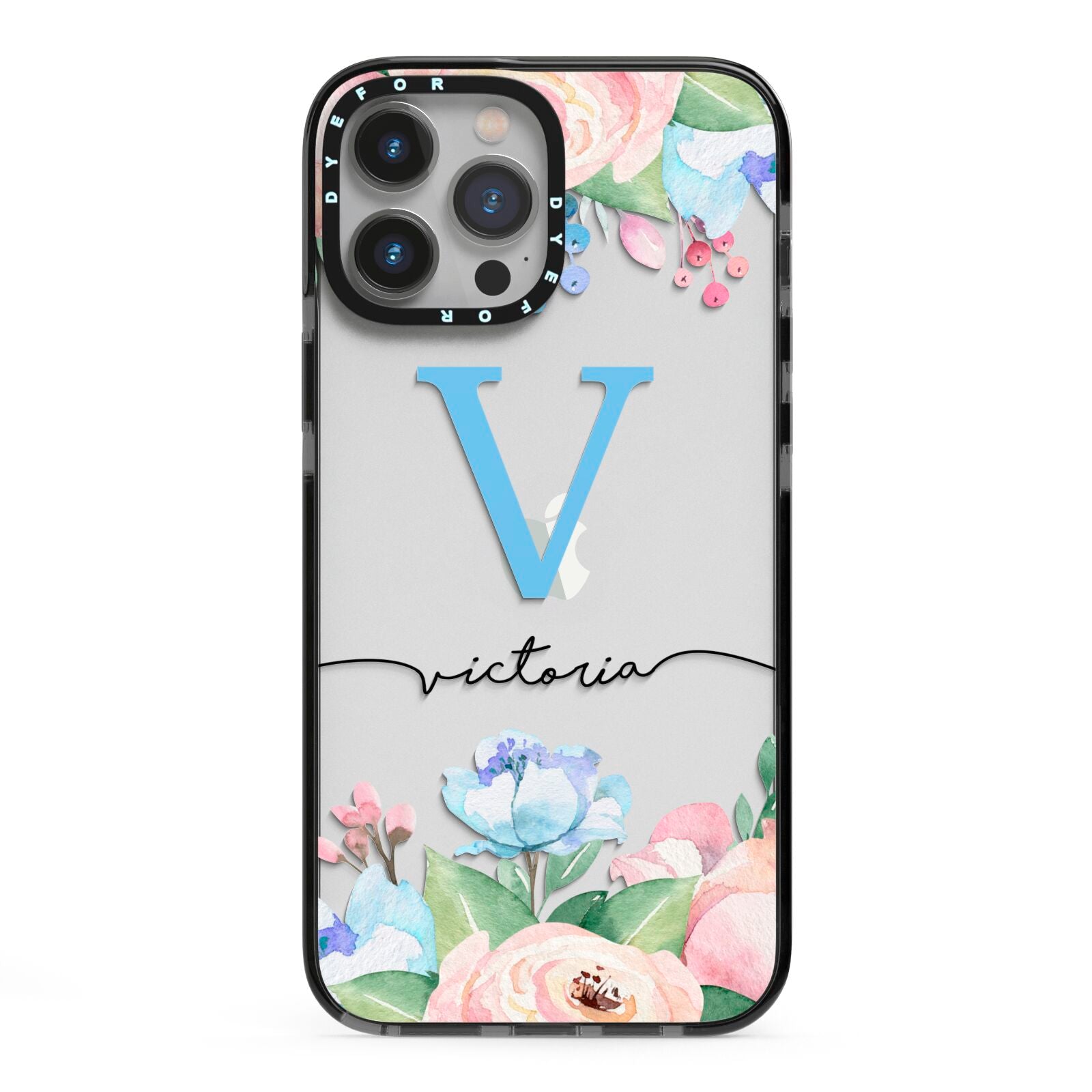 Personalised Pink Blue Flowers iPhone 13 Pro Max Black Impact Case on Silver phone