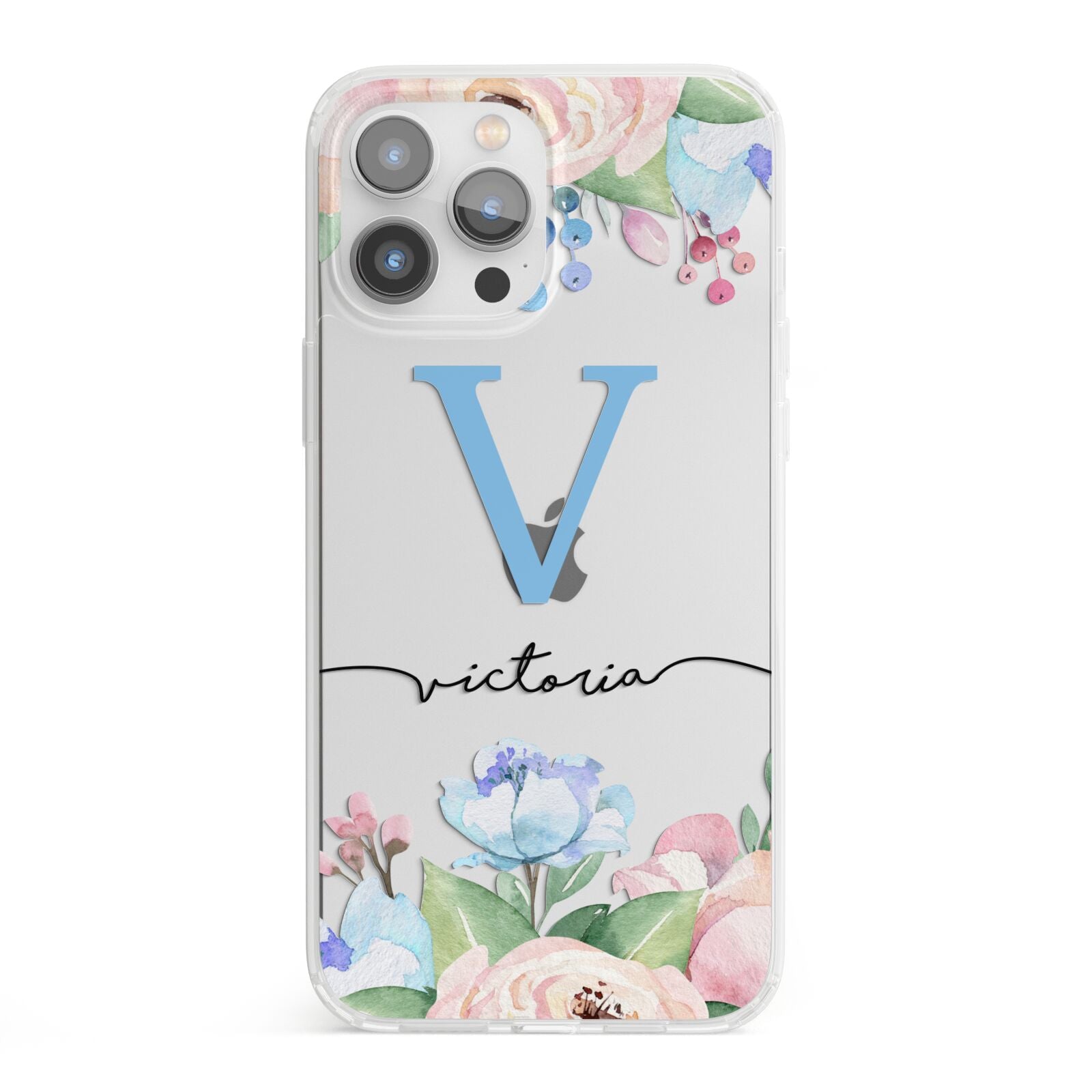 Personalised Pink Blue Flowers iPhone 13 Pro Max Clear Bumper Case
