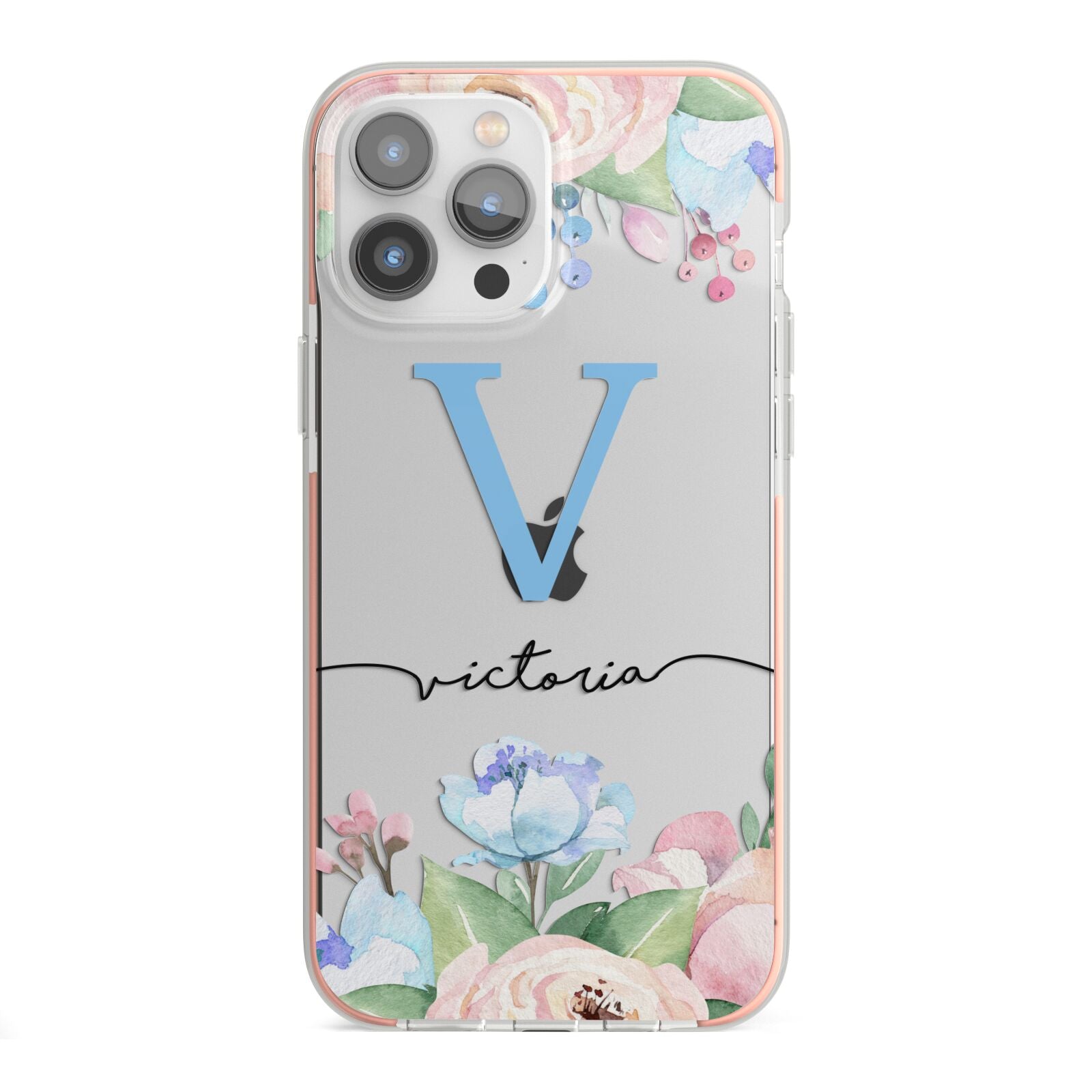 Personalised Pink Blue Flowers iPhone 13 Pro Max TPU Impact Case with Pink Edges