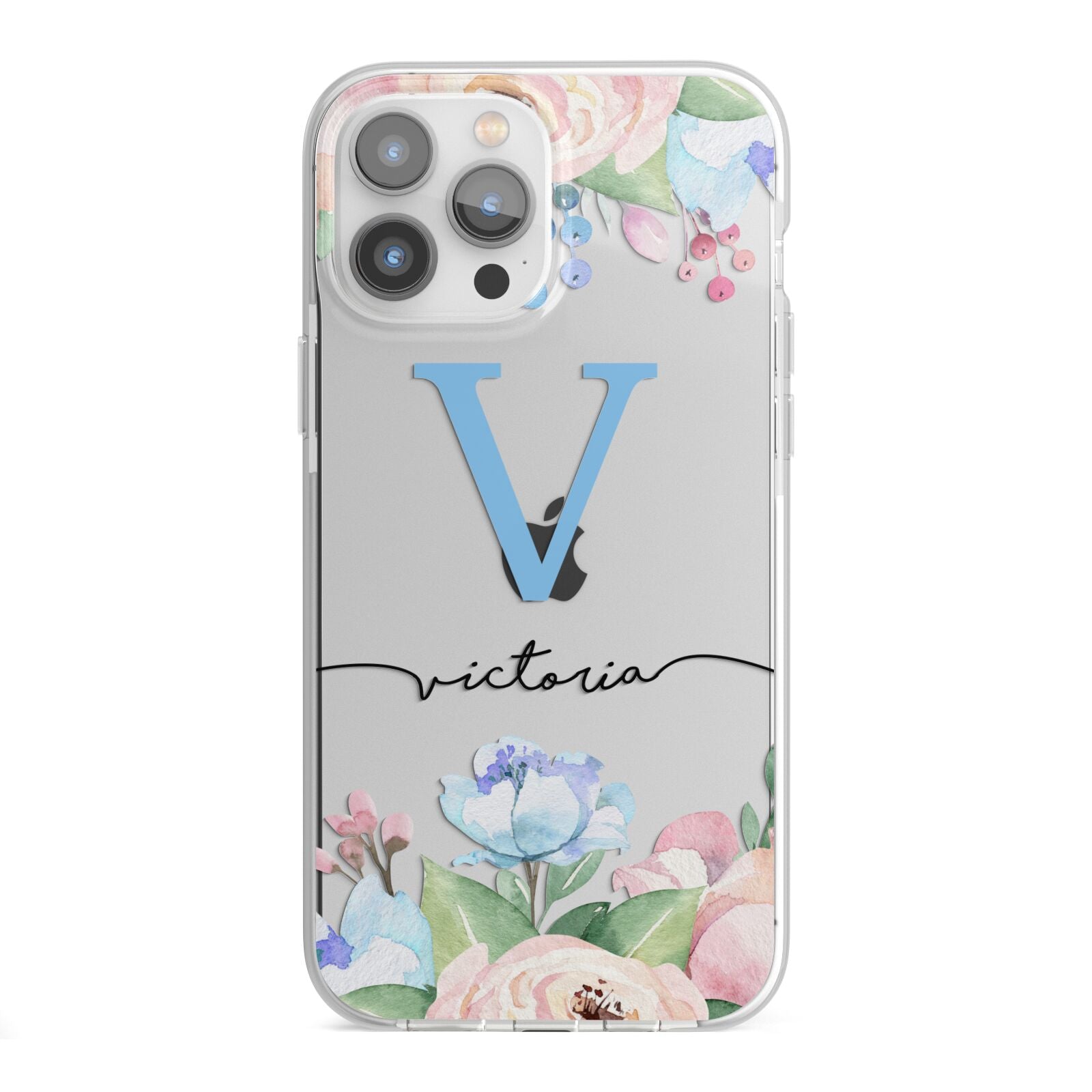 Personalised Pink Blue Flowers iPhone 13 Pro Max TPU Impact Case with White Edges