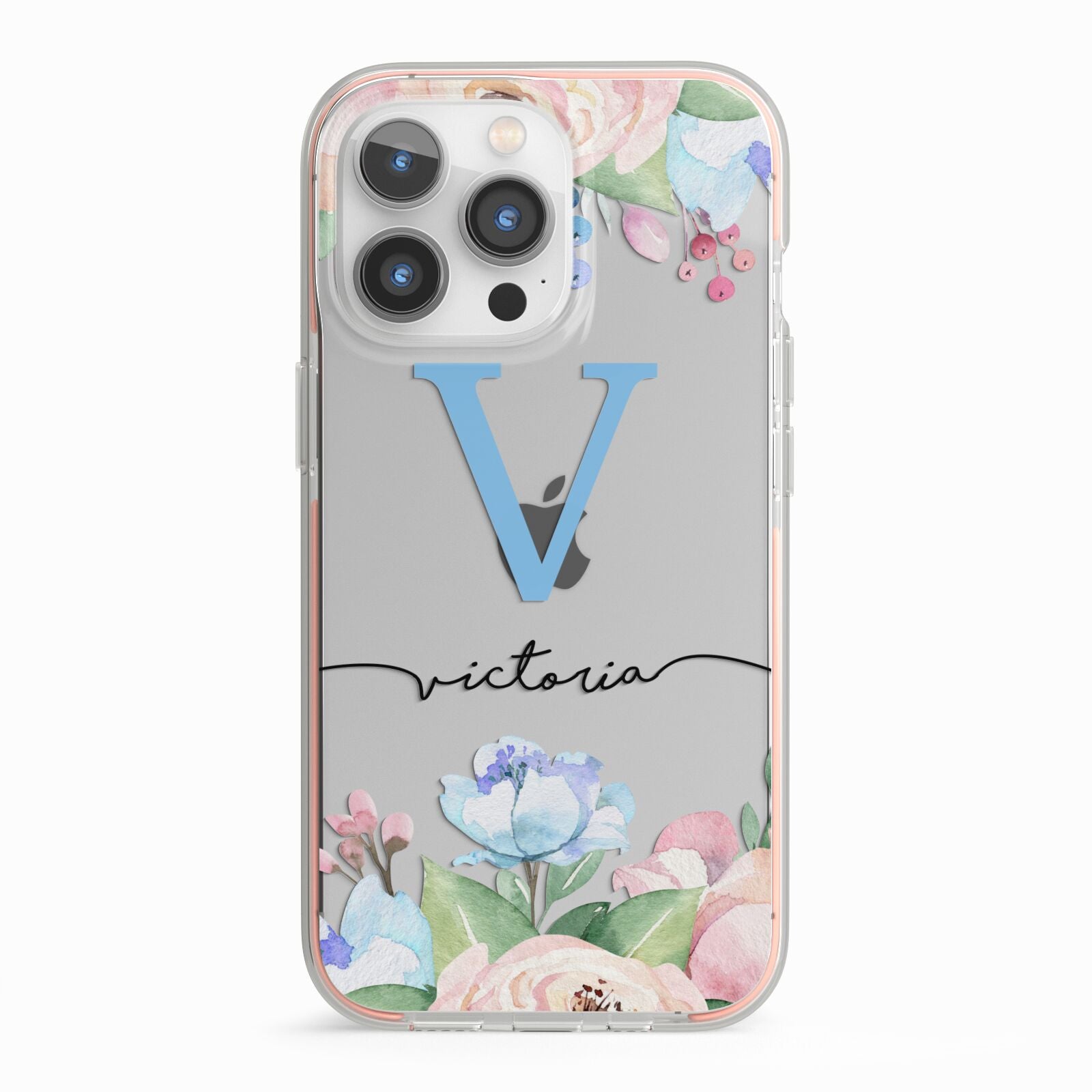 Personalised Pink Blue Flowers iPhone 13 Pro TPU Impact Case with Pink Edges