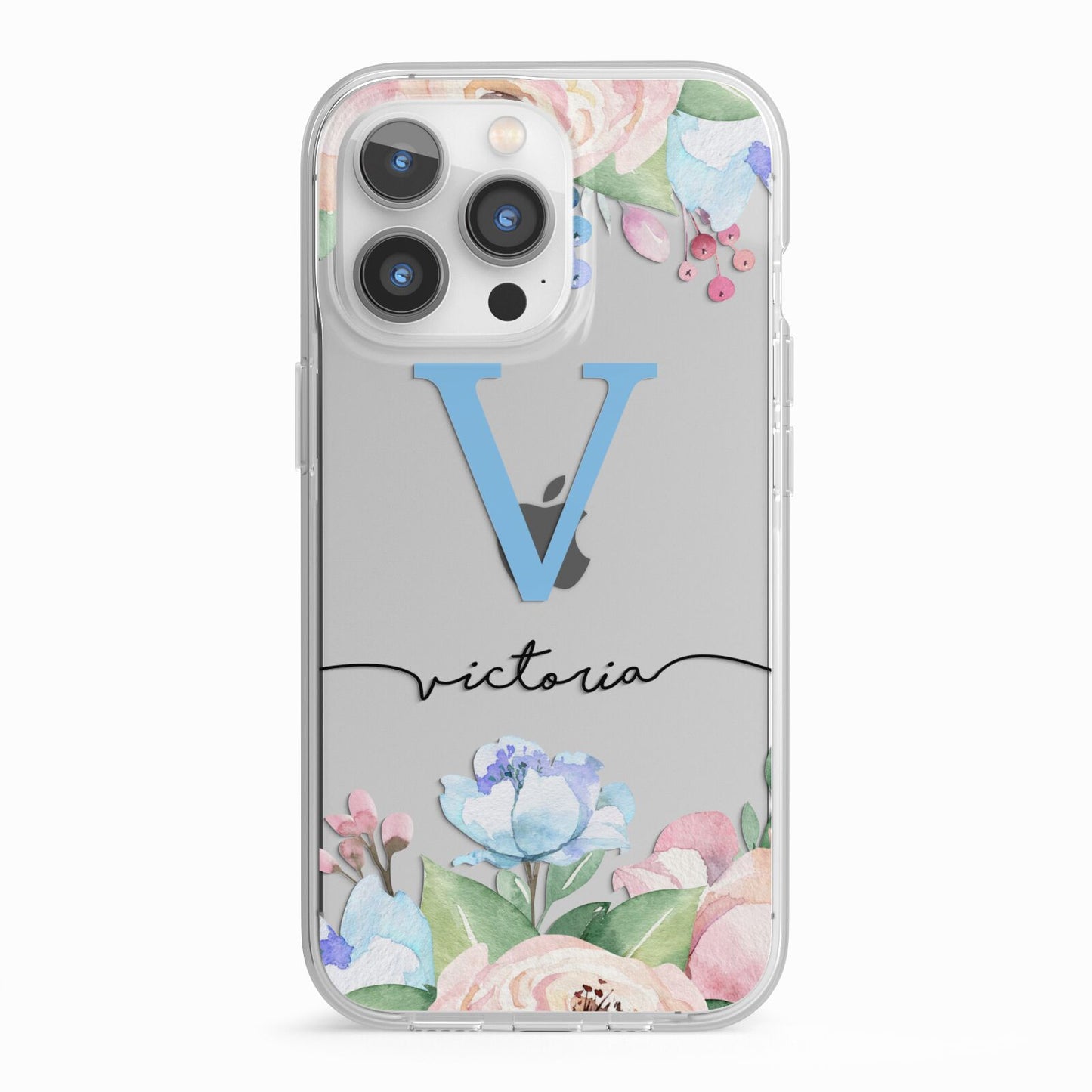 Personalised Pink Blue Flowers iPhone 13 Pro TPU Impact Case with White Edges