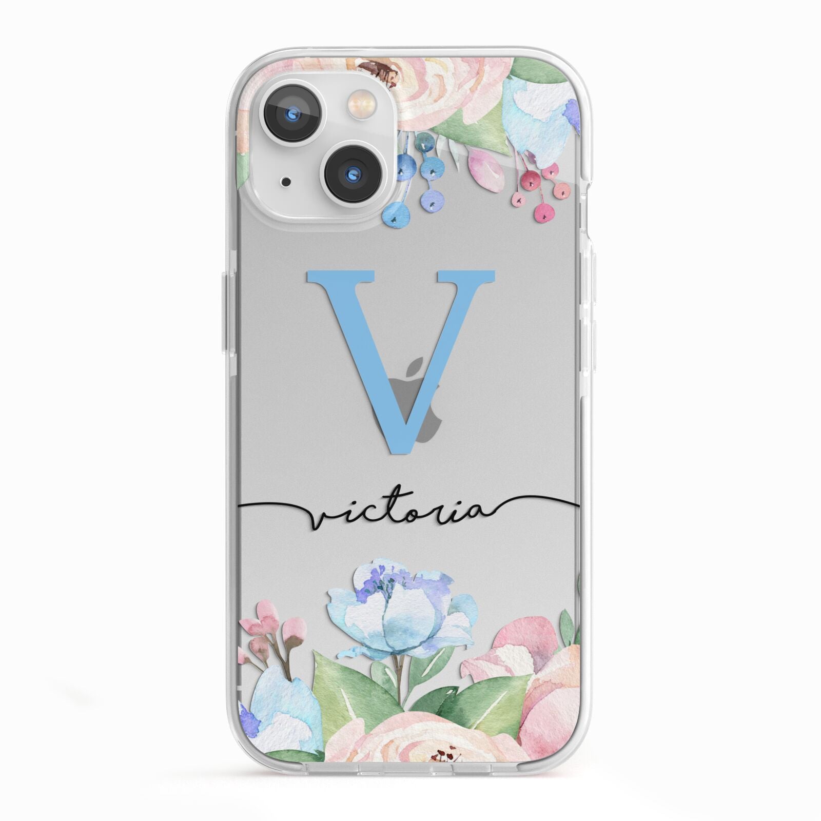 Personalised Pink Blue Flowers iPhone 13 TPU Impact Case with White Edges