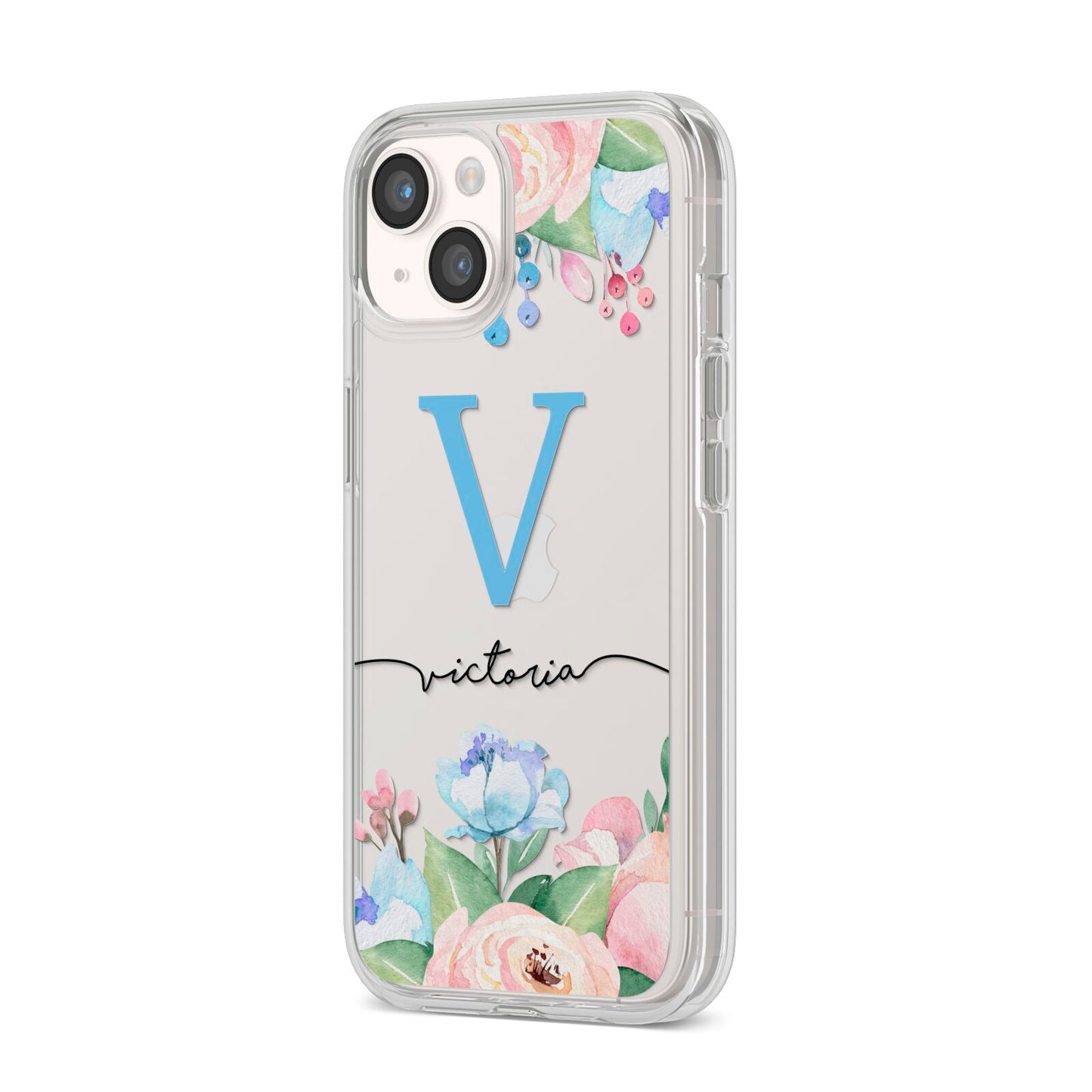 Personalised Pink Blue Flowers iPhone 14 Clear Tough Case Starlight Angled Image