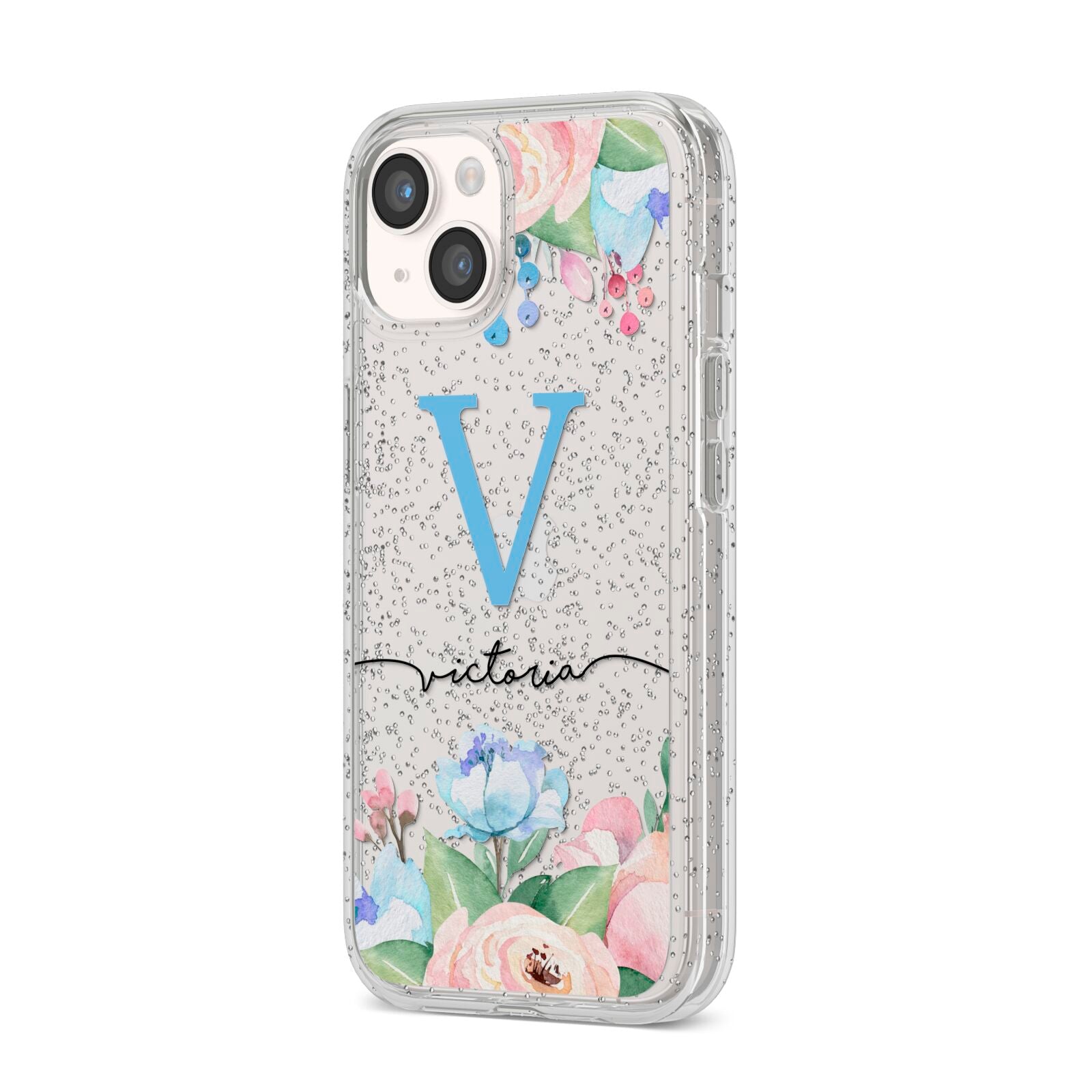 Personalised Pink Blue Flowers iPhone 14 Glitter Tough Case Starlight Angled Image