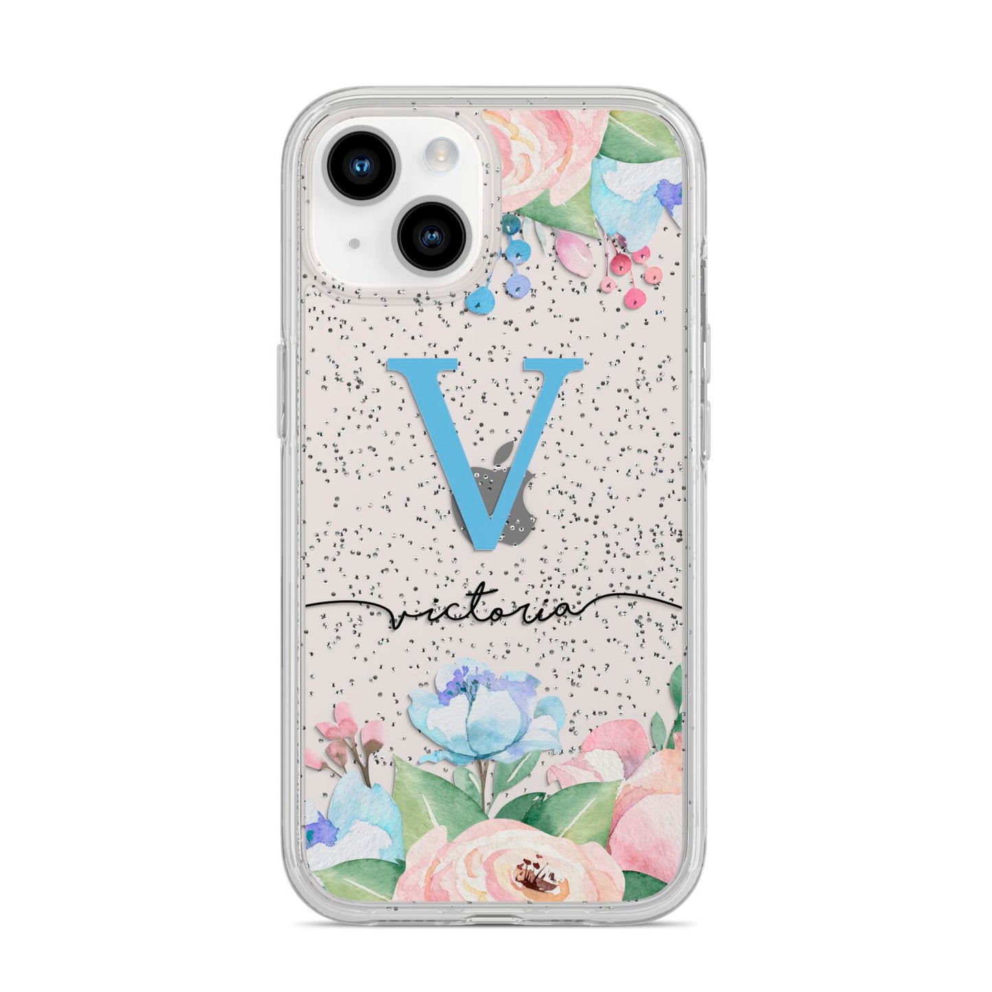 Personalised Pink Blue Flowers iPhone 14 Glitter Tough Case Starlight