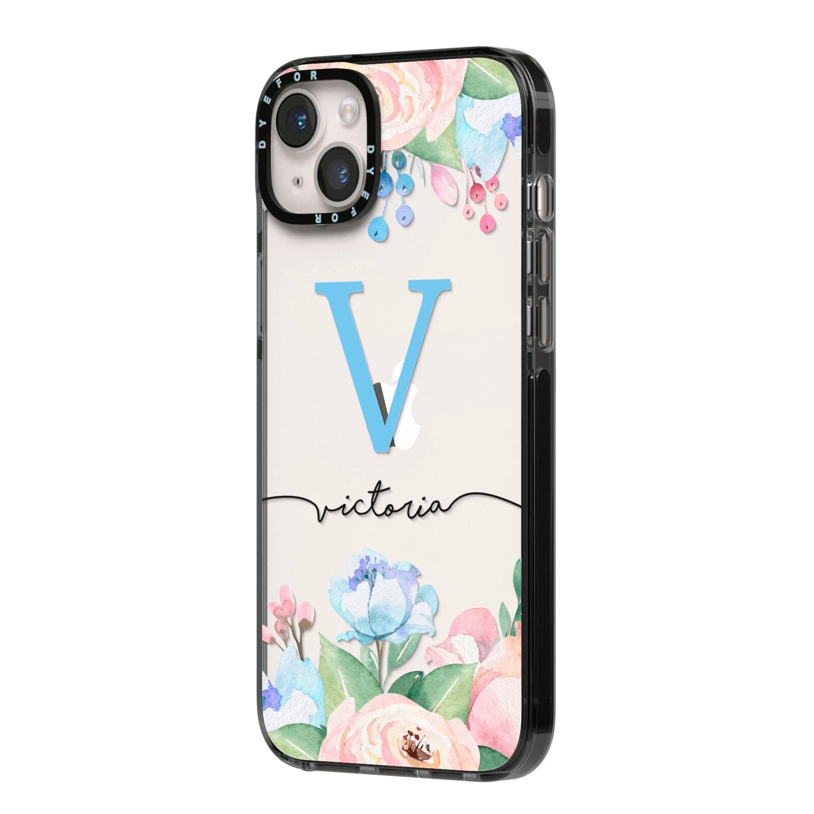 Personalised Pink Blue Flowers iPhone 14 Plus Black Impact Case Side Angle on Silver phone