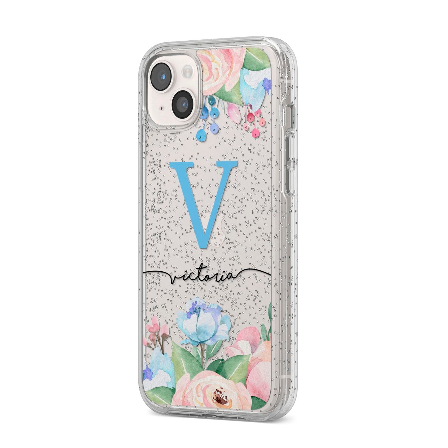 Personalised Pink Blue Flowers iPhone 14 Plus Glitter Tough Case Starlight Angled Image