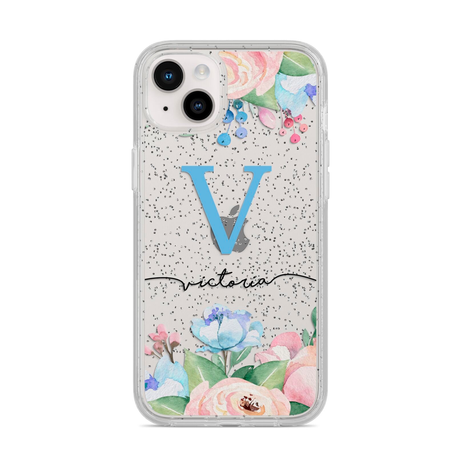 Personalised Pink Blue Flowers iPhone 14 Plus Glitter Tough Case Starlight