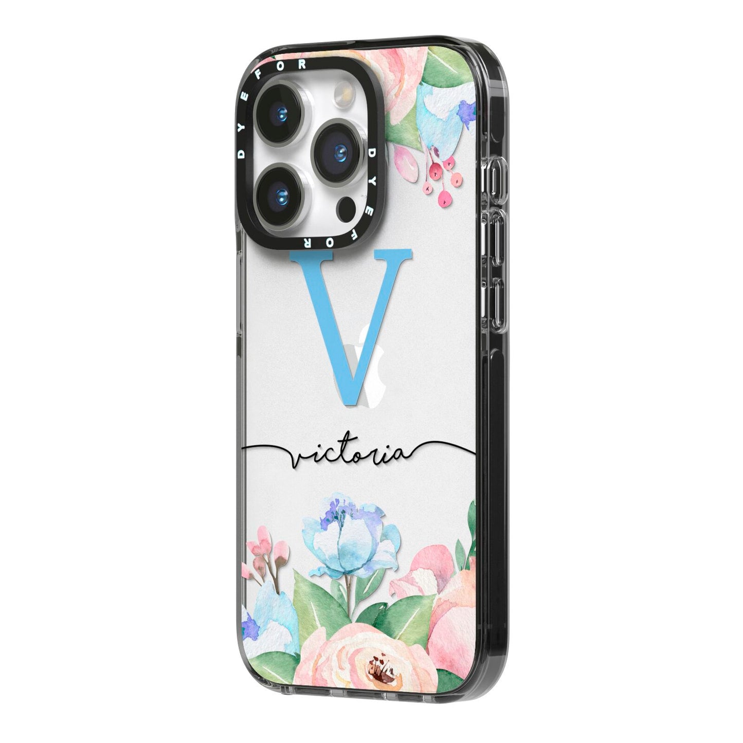 Personalised Pink Blue Flowers iPhone 14 Pro Black Impact Case Side Angle on Silver phone