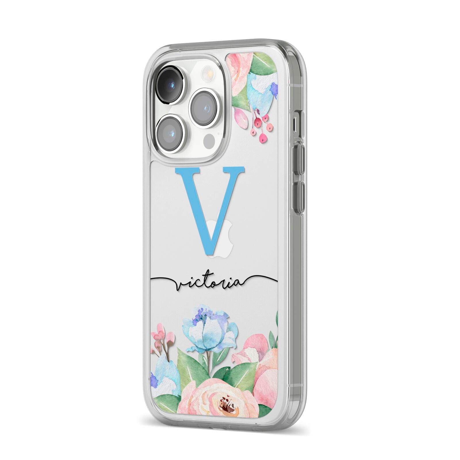 Personalised Pink Blue Flowers iPhone 14 Pro Clear Tough Case Silver Angled Image
