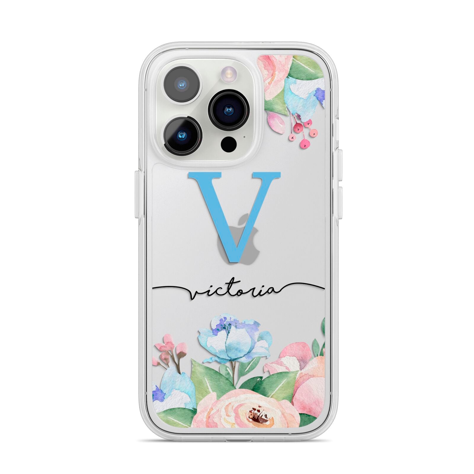 Personalised Pink Blue Flowers iPhone 14 Pro Clear Tough Case Silver