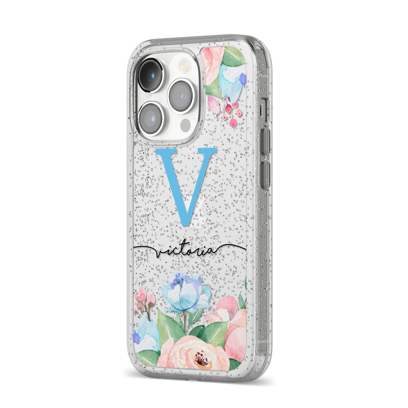 Personalised Pink Blue Flowers iPhone 14 Pro Glitter Tough Case Silver Angled Image