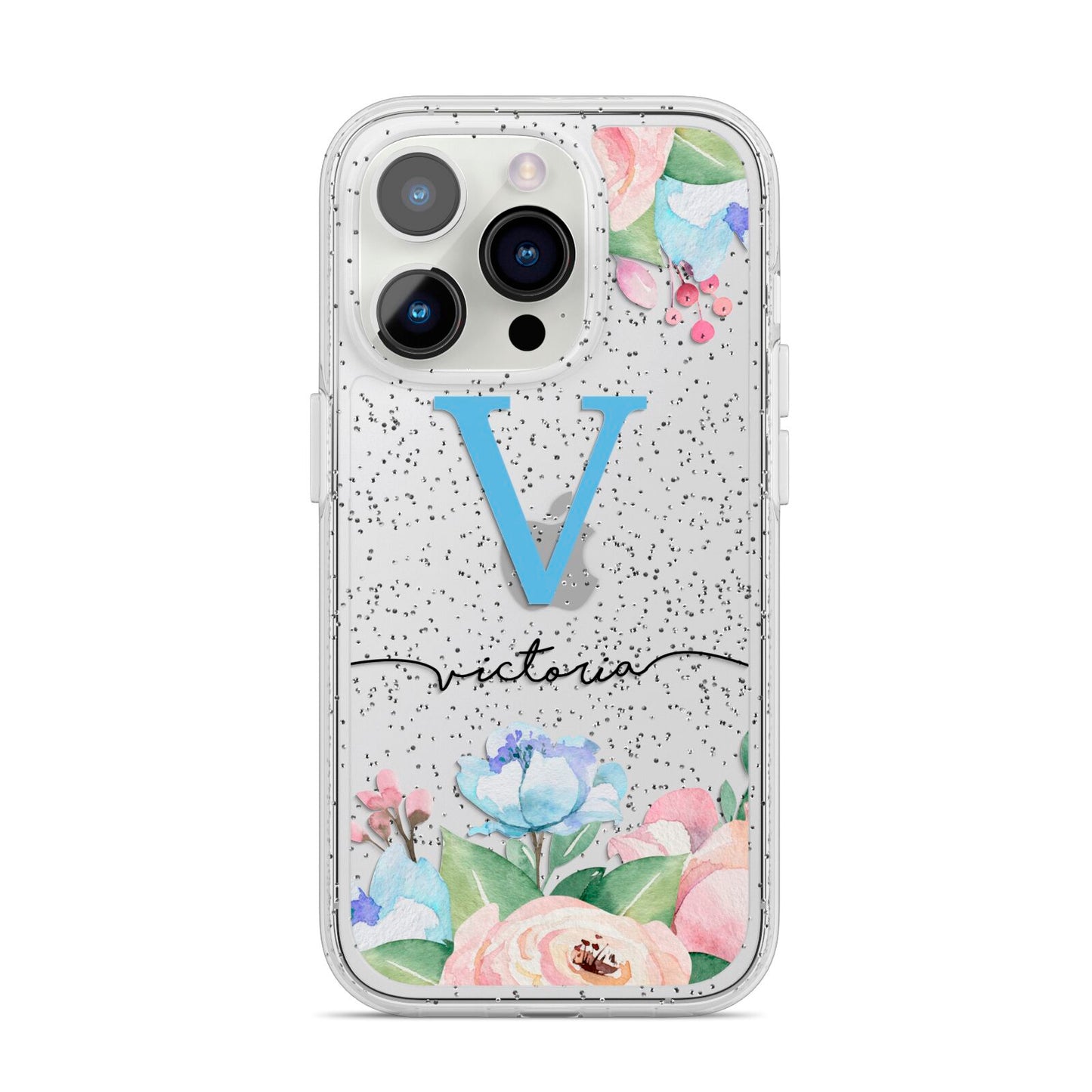 Personalised Pink Blue Flowers iPhone 14 Pro Glitter Tough Case Silver