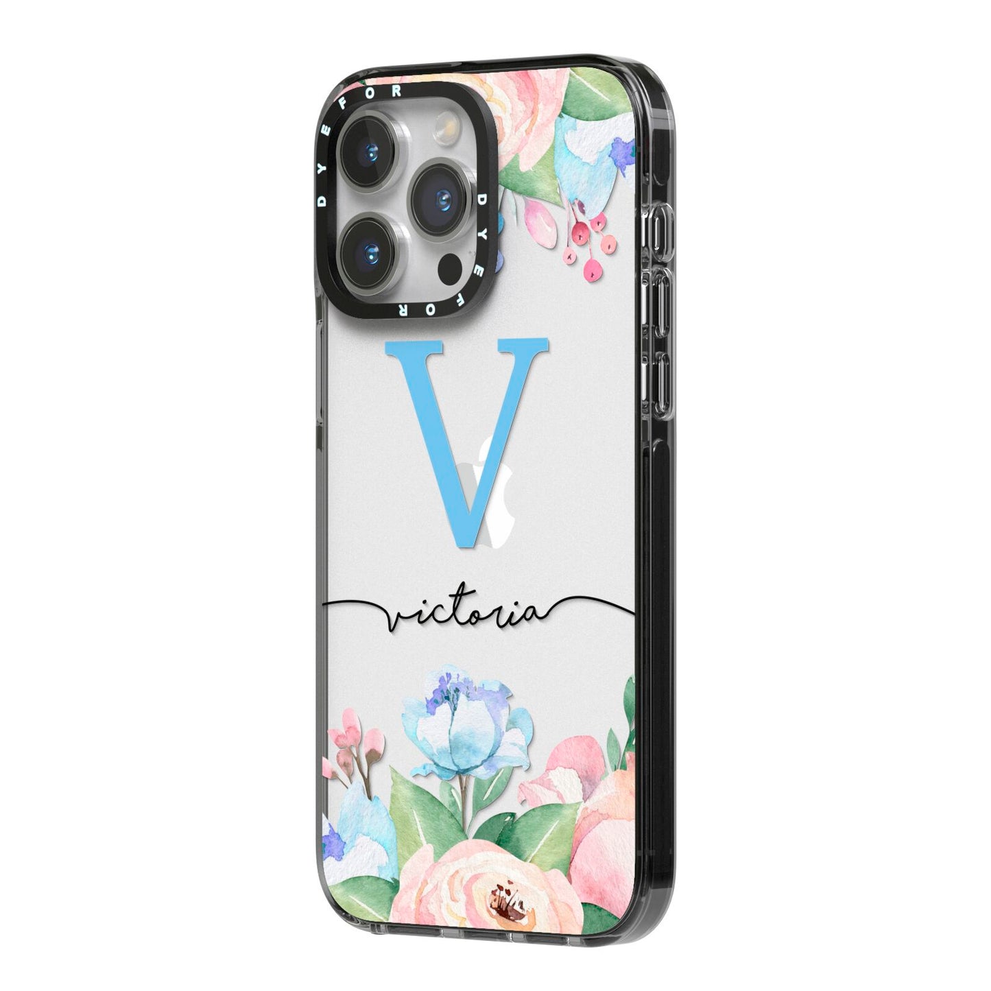 Personalised Pink Blue Flowers iPhone 14 Pro Max Black Impact Case Side Angle on Silver phone