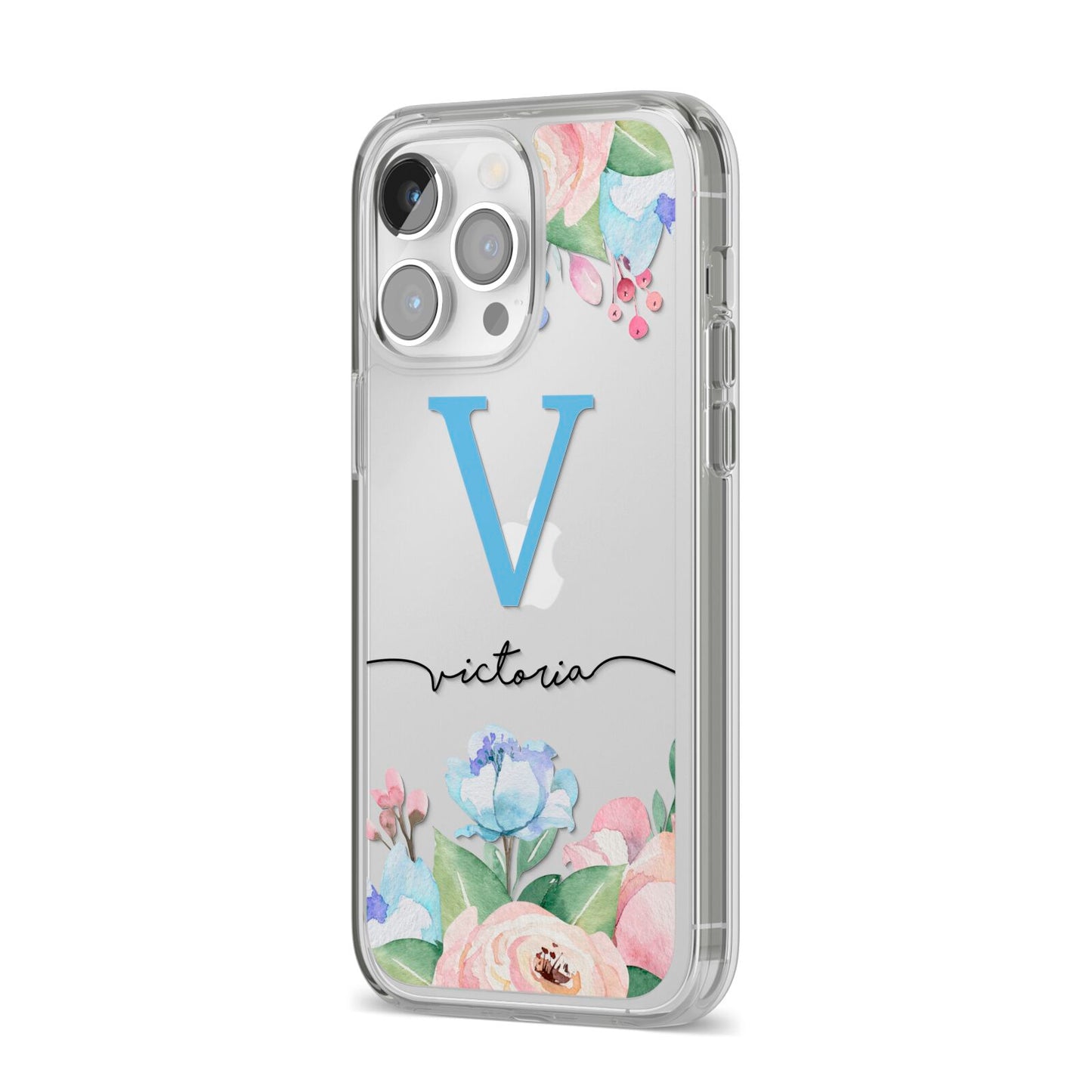 Personalised Pink Blue Flowers iPhone 14 Pro Max Clear Tough Case Silver Angled Image