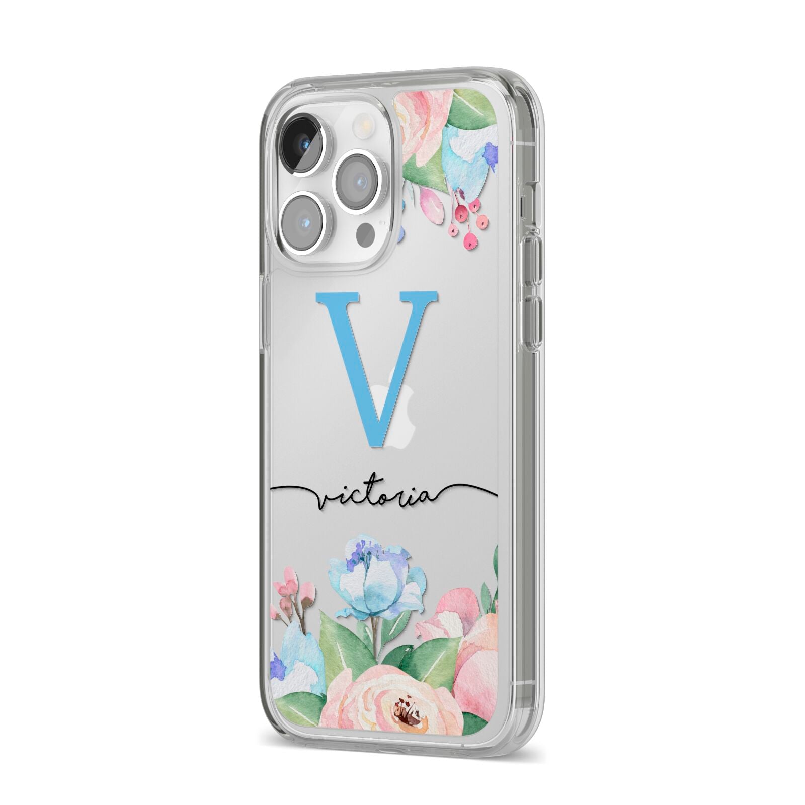 Personalised Pink Blue Flowers iPhone 14 Pro Max Clear Tough Case Silver Angled Image
