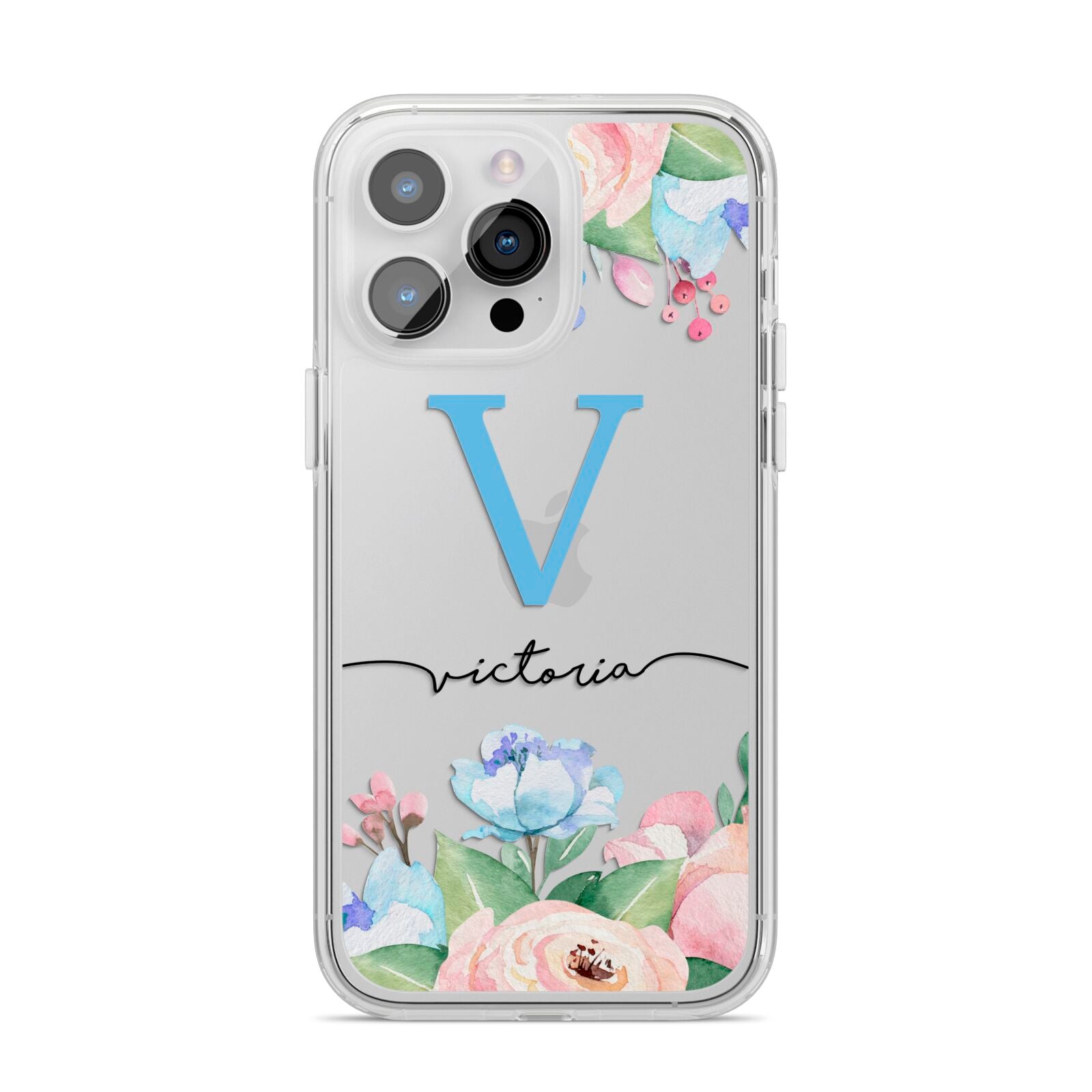 Personalised Pink Blue Flowers iPhone 14 Pro Max Clear Tough Case Silver