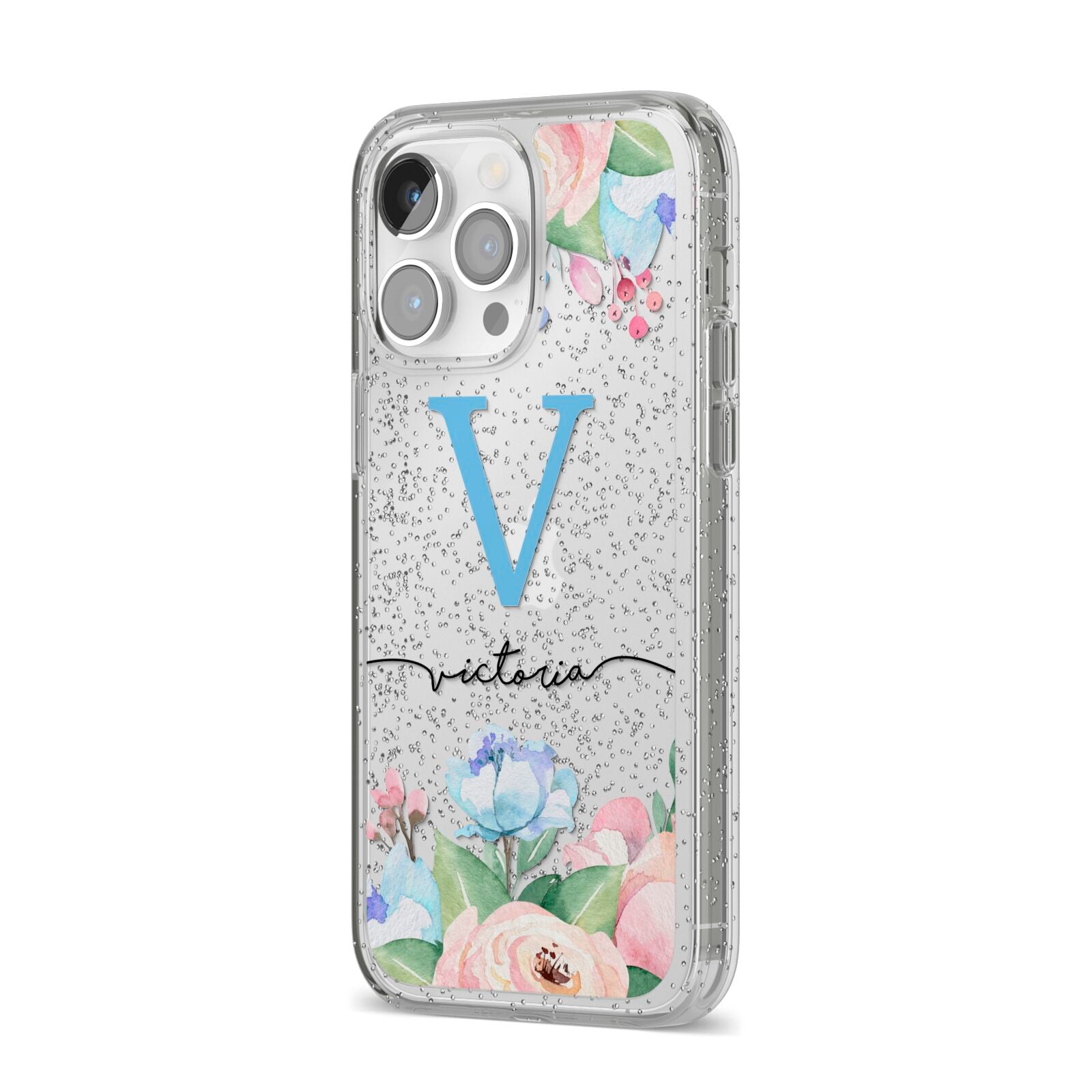 Personalised Pink Blue Flowers iPhone 14 Pro Max Glitter Tough Case Silver Angled Image