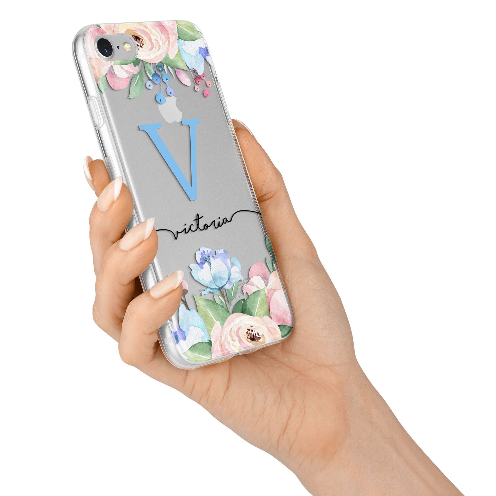 Personalised Pink Blue Flowers iPhone 7 Bumper Case on Silver iPhone Alternative Image