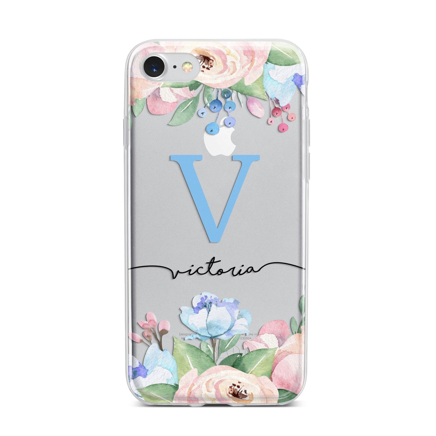 Personalised Pink Blue Flowers iPhone 7 Bumper Case on Silver iPhone