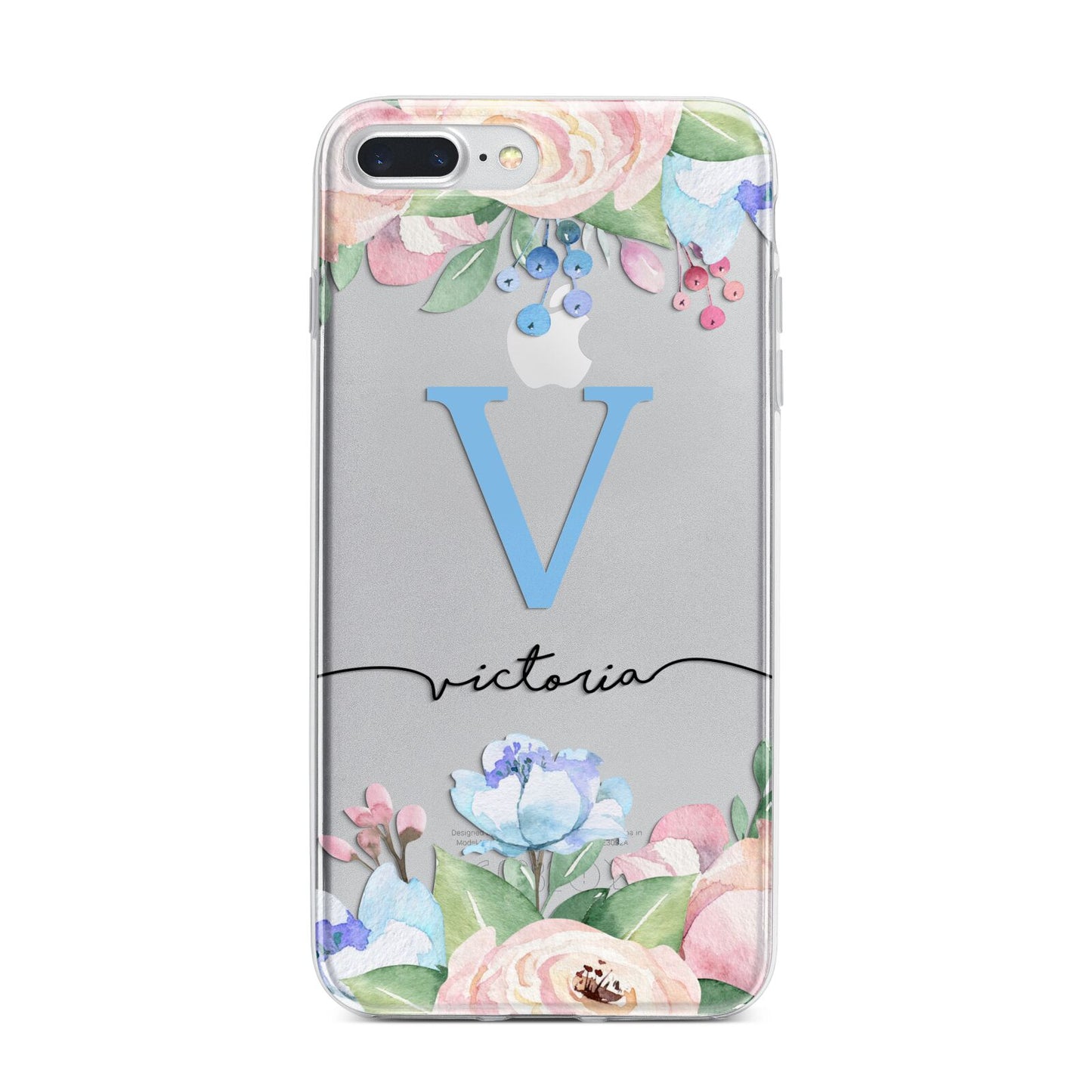 Personalised Pink Blue Flowers iPhone 7 Plus Bumper Case on Silver iPhone