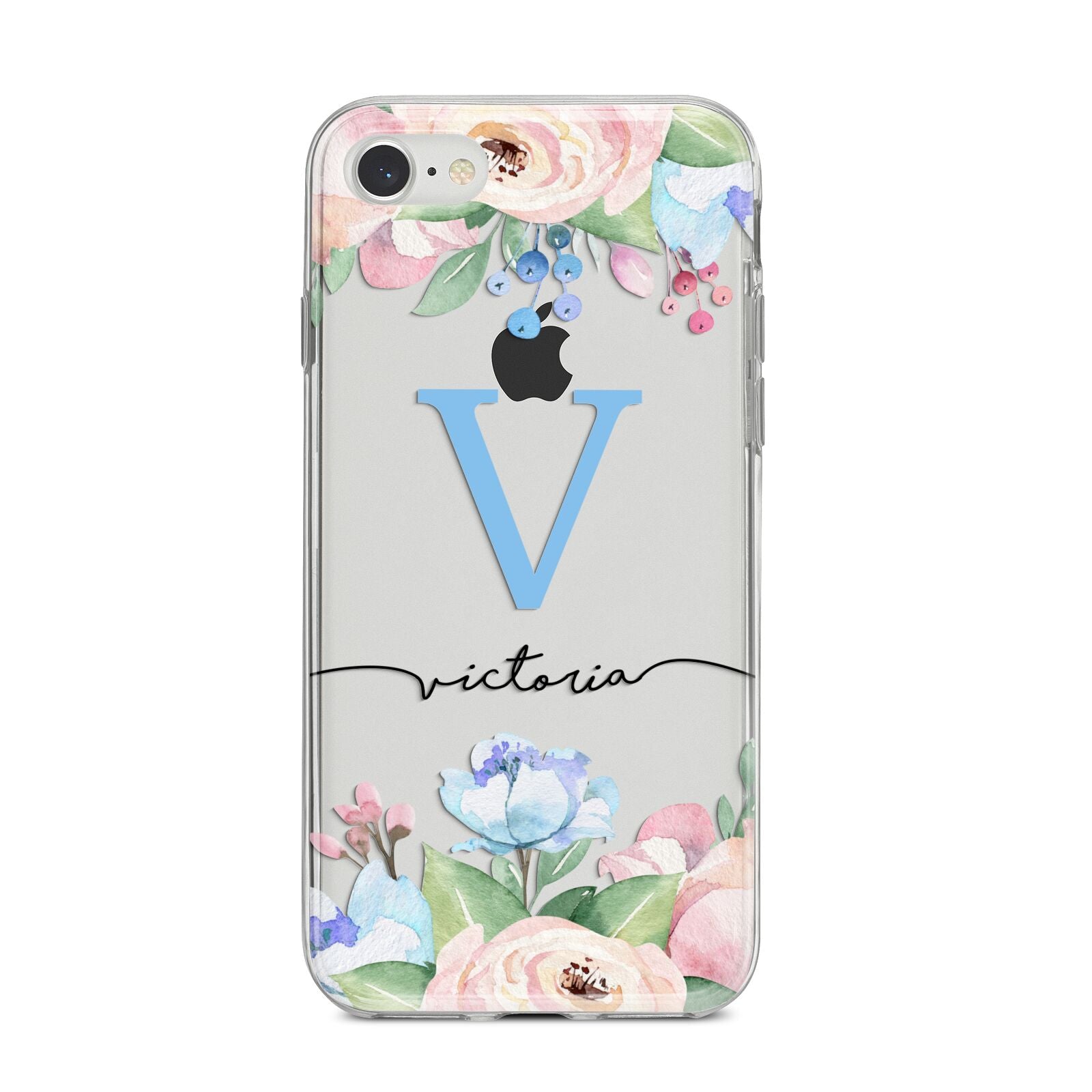 Personalised Pink Blue Flowers iPhone 8 Bumper Case on Silver iPhone