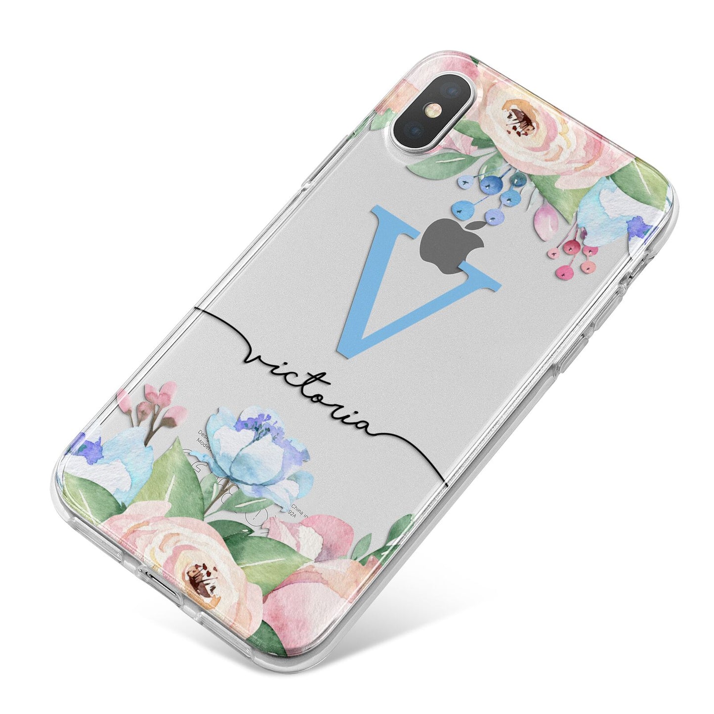 Personalised Pink Blue Flowers iPhone X Bumper Case on Silver iPhone