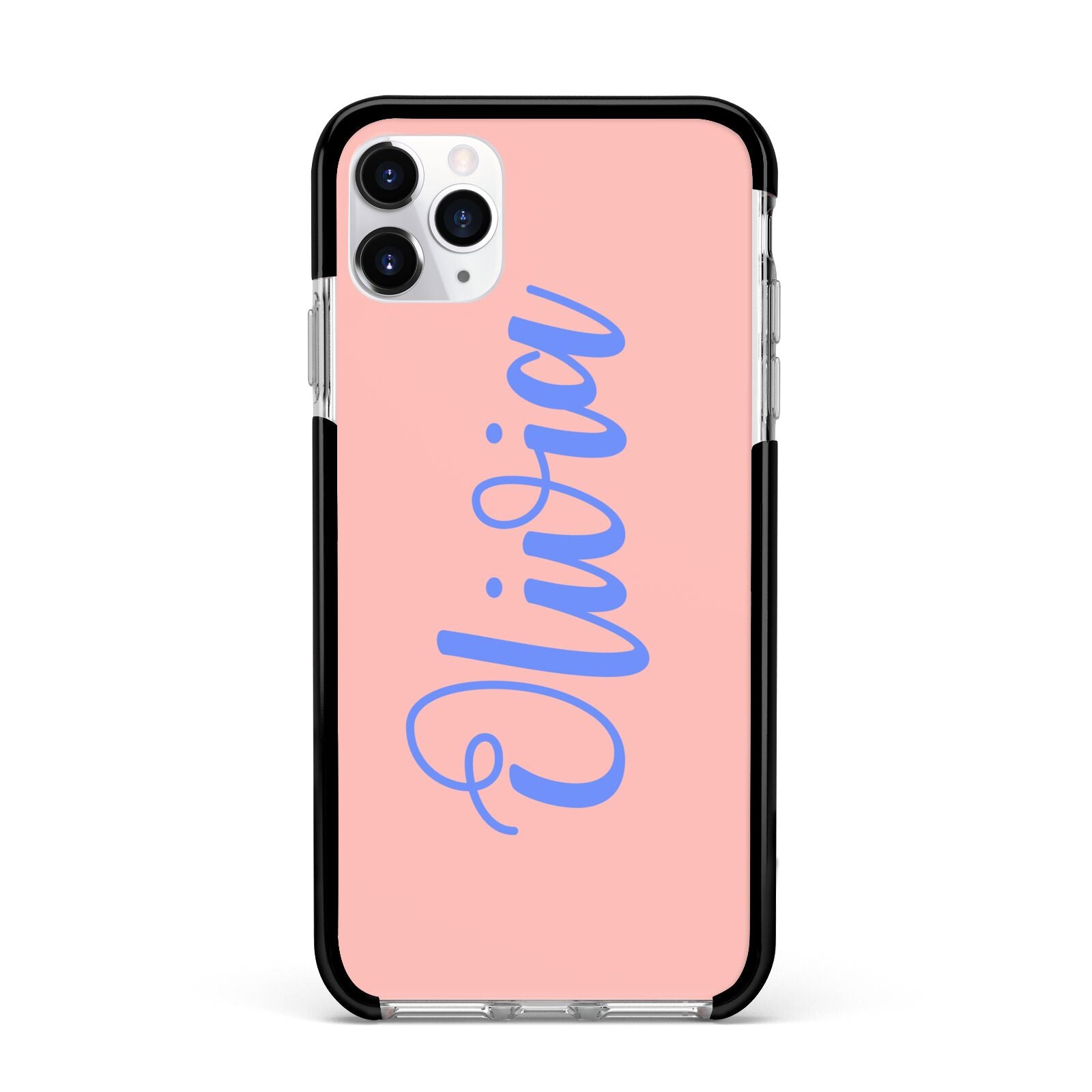 Personalised Pink Blue Name Apple iPhone 11 Pro Max in Silver with Black Impact Case