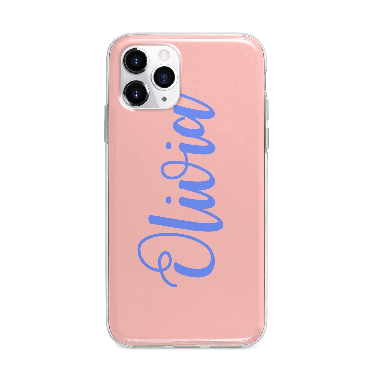 Personalised Pink Blue Name Apple iPhone 11 Pro Max in Silver with Bumper Case