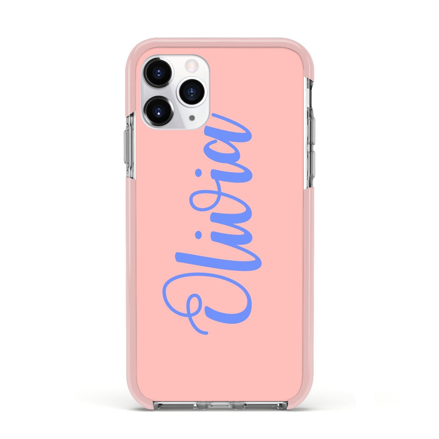 Personalised Pink Blue Name Apple iPhone 11 Pro in Silver with Pink Impact Case