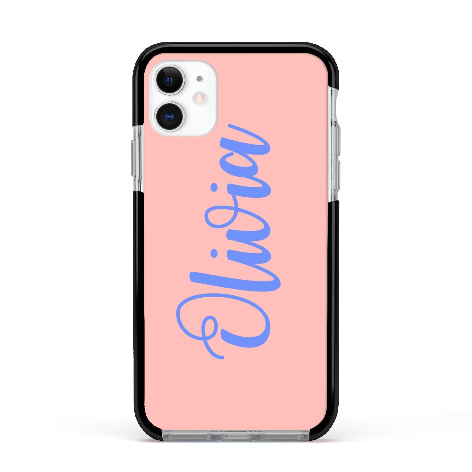 Personalised Pink Blue Name Apple iPhone 11 in White with Black Impact Case