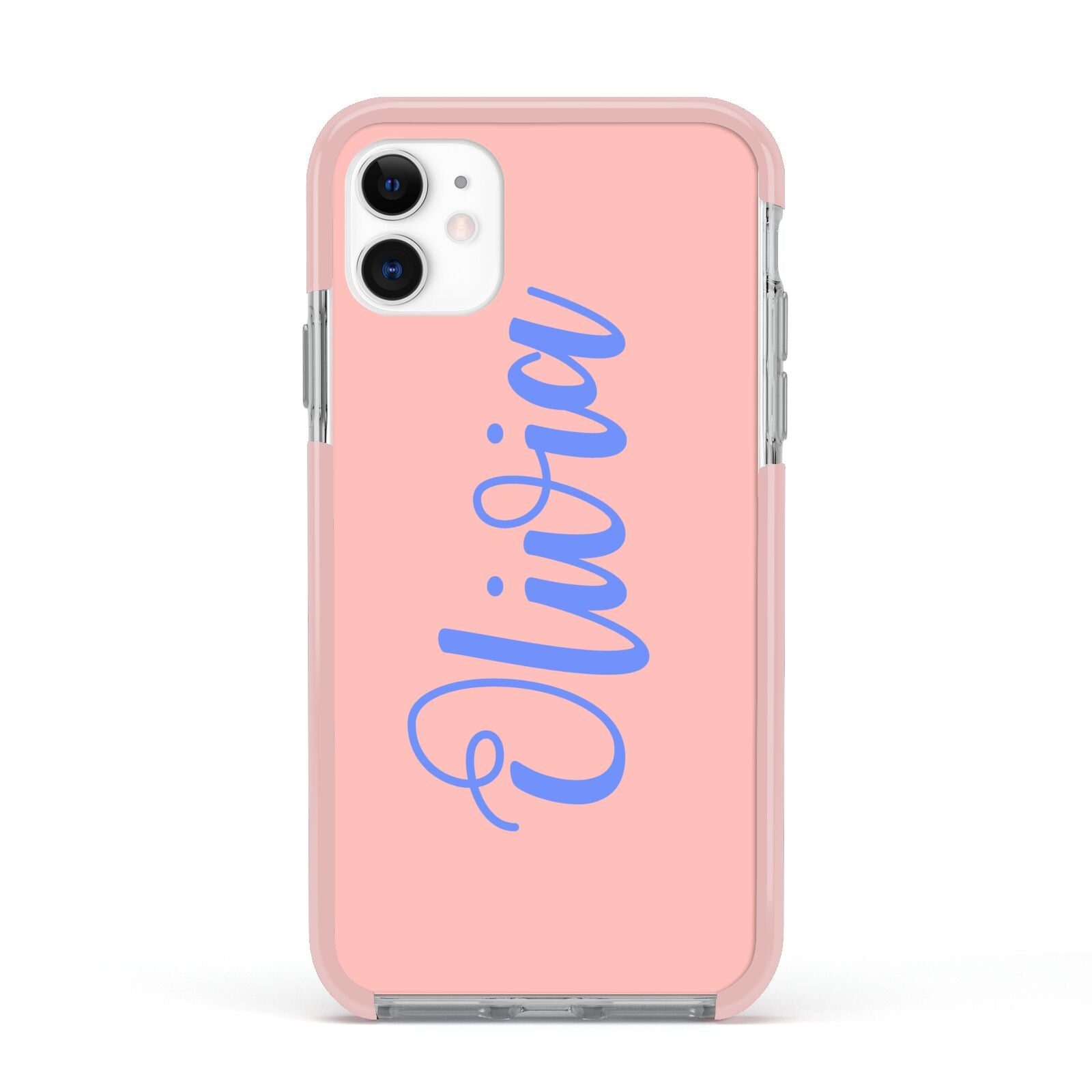 Personalised Pink Blue Name Apple iPhone 11 in White with Pink Impact Case