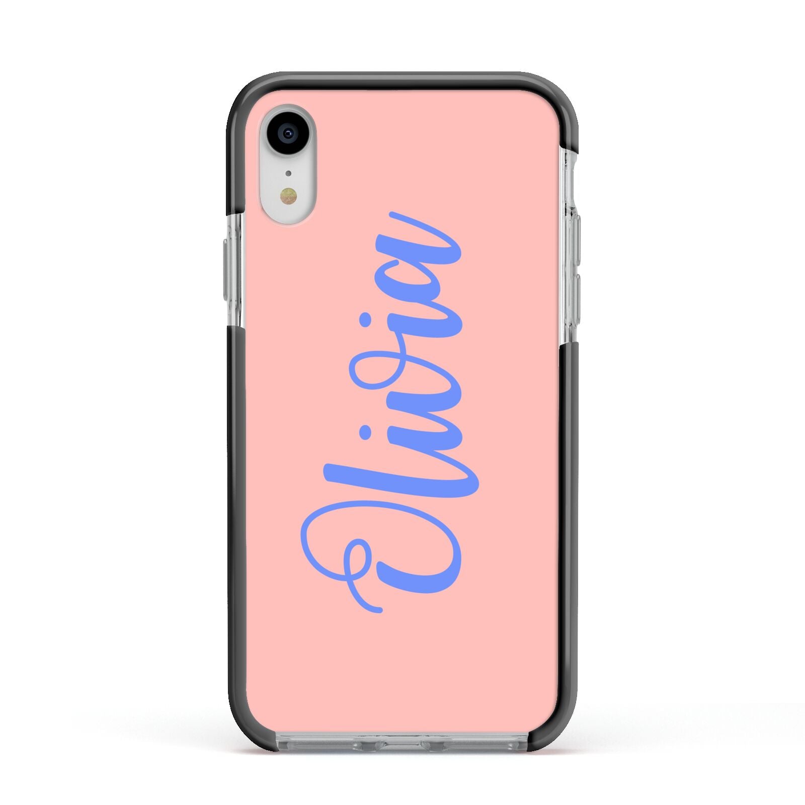 Personalised Pink Blue Name Apple iPhone XR Impact Case Black Edge on Silver Phone