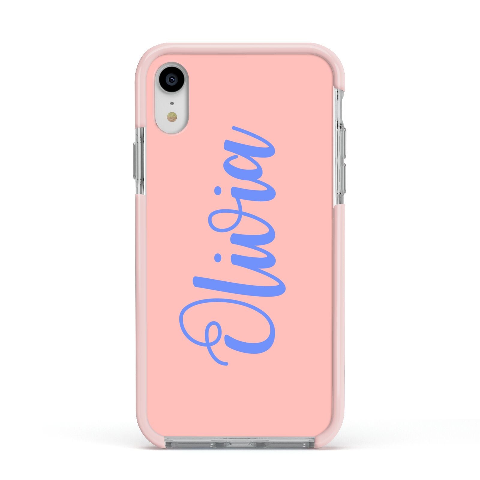 Personalised Pink Blue Name Apple iPhone XR Impact Case Pink Edge on Silver Phone