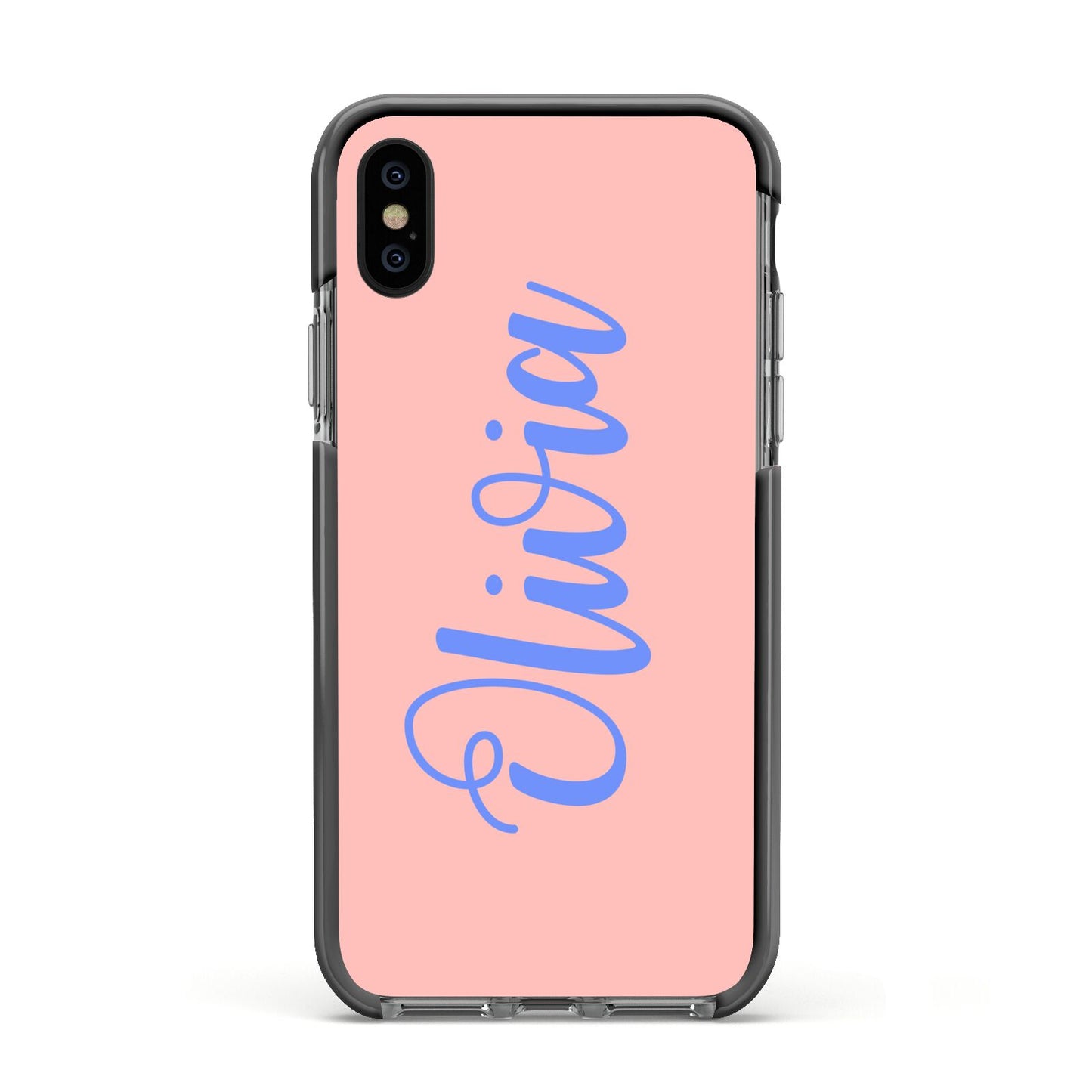 Personalised Pink Blue Name Apple iPhone Xs Impact Case Black Edge on Black Phone