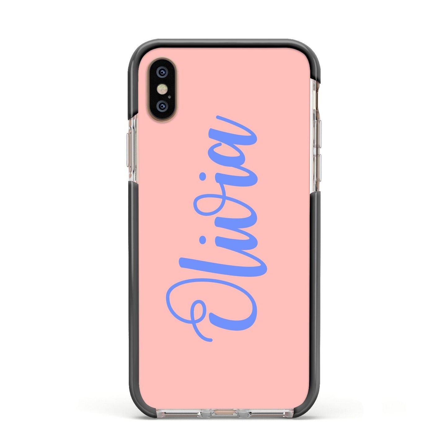 Personalised Pink Blue Name Apple iPhone Xs Impact Case Black Edge on Gold Phone