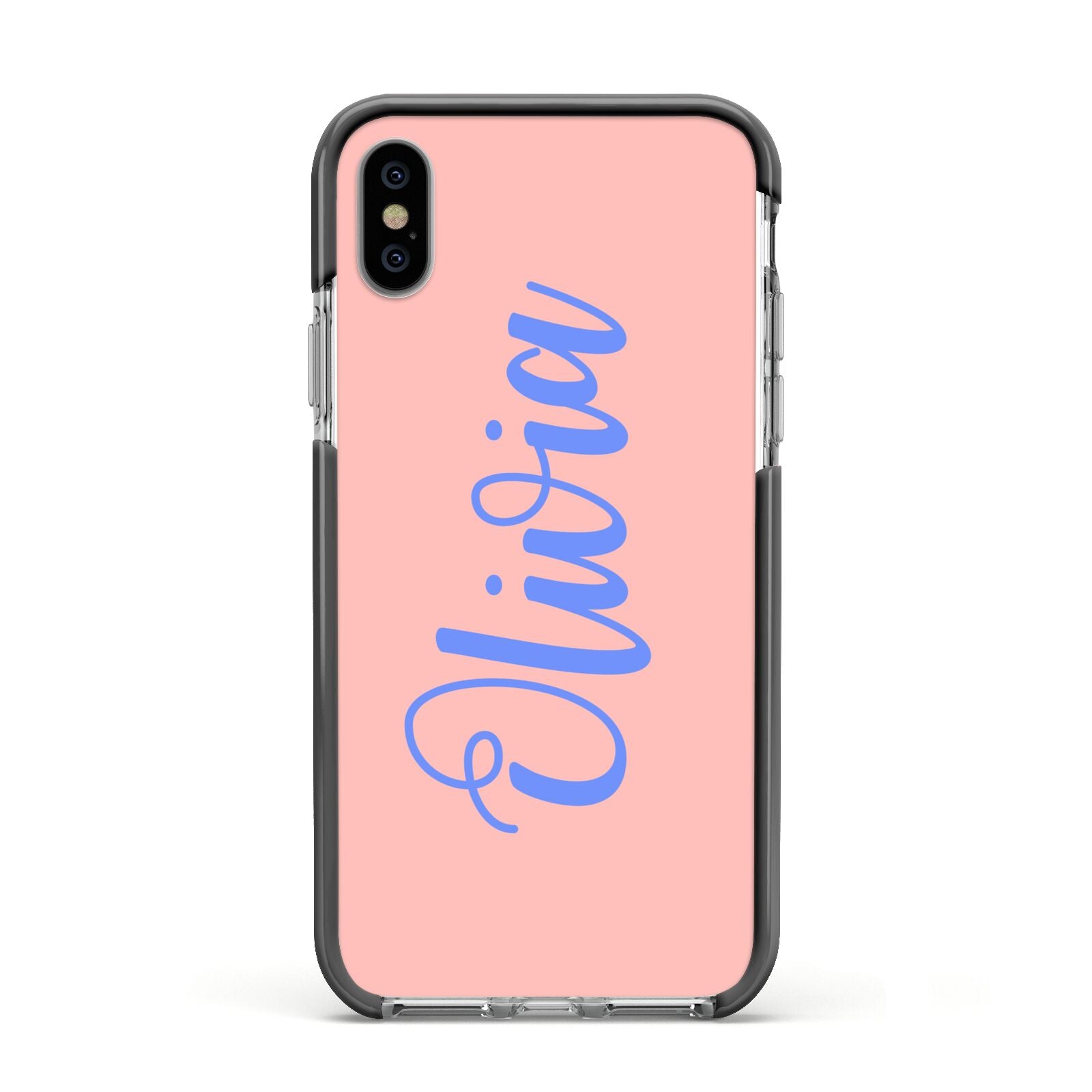 Personalised Pink Blue Name Apple iPhone Xs Impact Case Black Edge on Silver Phone