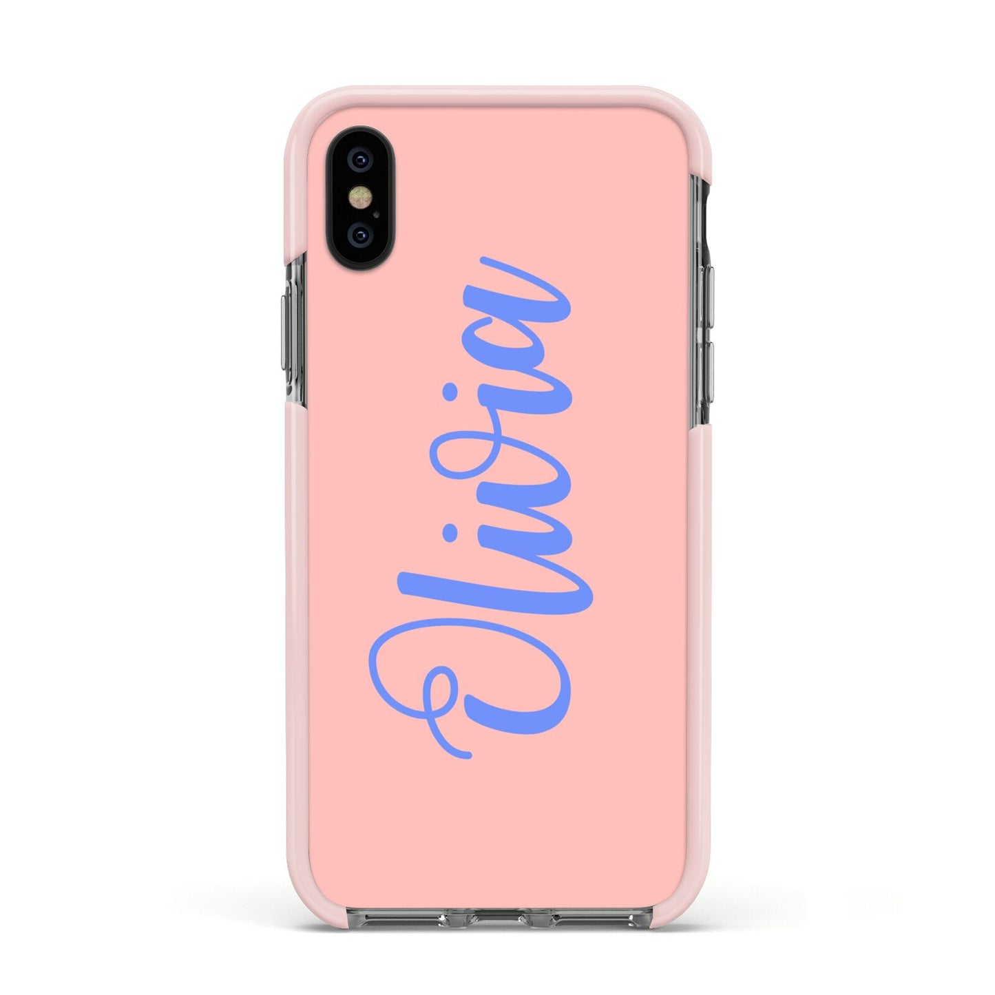 Personalised Pink Blue Name Apple iPhone Xs Impact Case Pink Edge on Black Phone