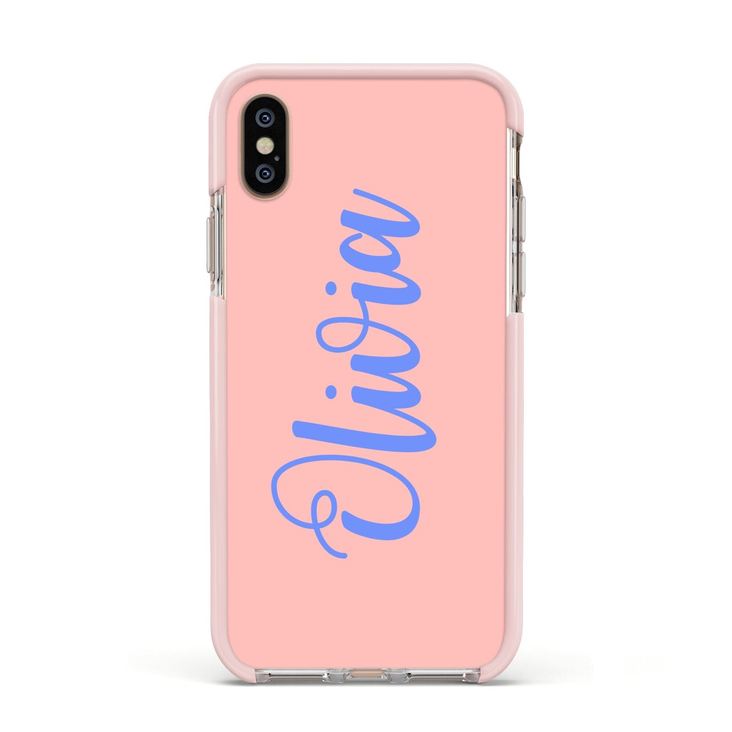 Personalised Pink Blue Name Apple iPhone Xs Impact Case Pink Edge on Gold Phone