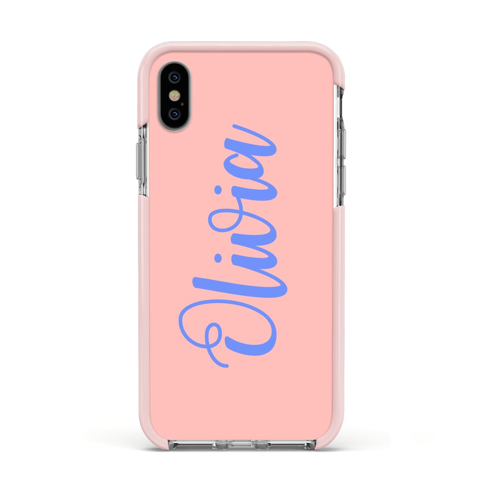 Personalised Pink Blue Name Apple iPhone Xs Impact Case Pink Edge on Silver Phone